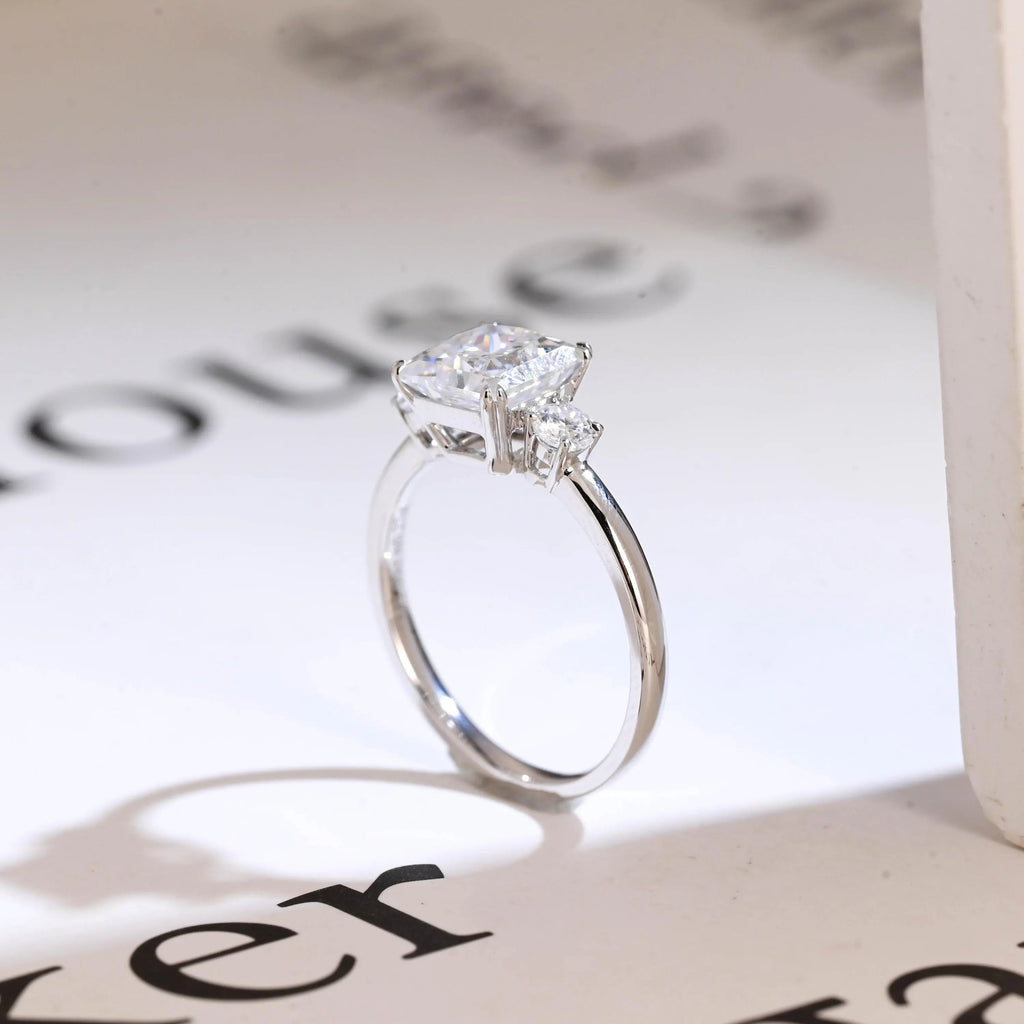 Solid Gold Princess Cut Moissanite Engagement Ring, Three Stone Promise Ring