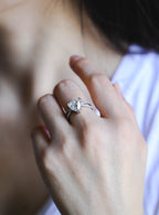 Solid Gold Trillion Cut Moissanite Engagement Ring, Double Band Open Shank Half Pave Ring