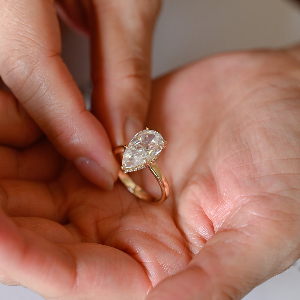Solid Gold Pear Cut Moissanite Engagement Ring with Hidden Halo, Custom Ring