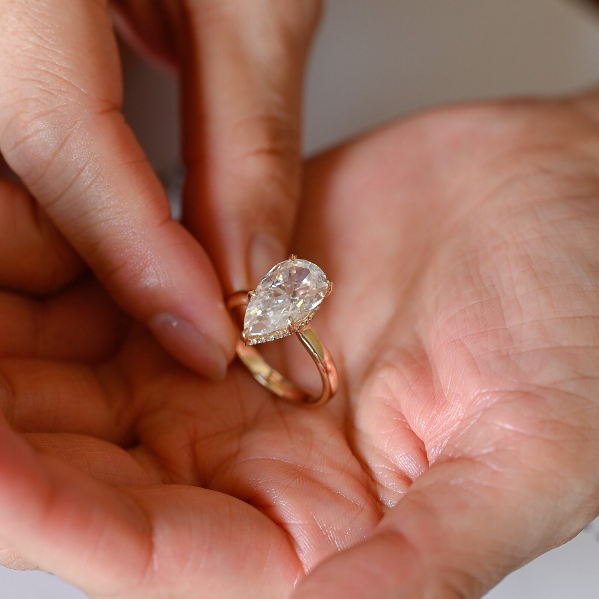Solid Gold Pear Cut Moissanite Engagement Ring with Hidden Halo, Custom Ring