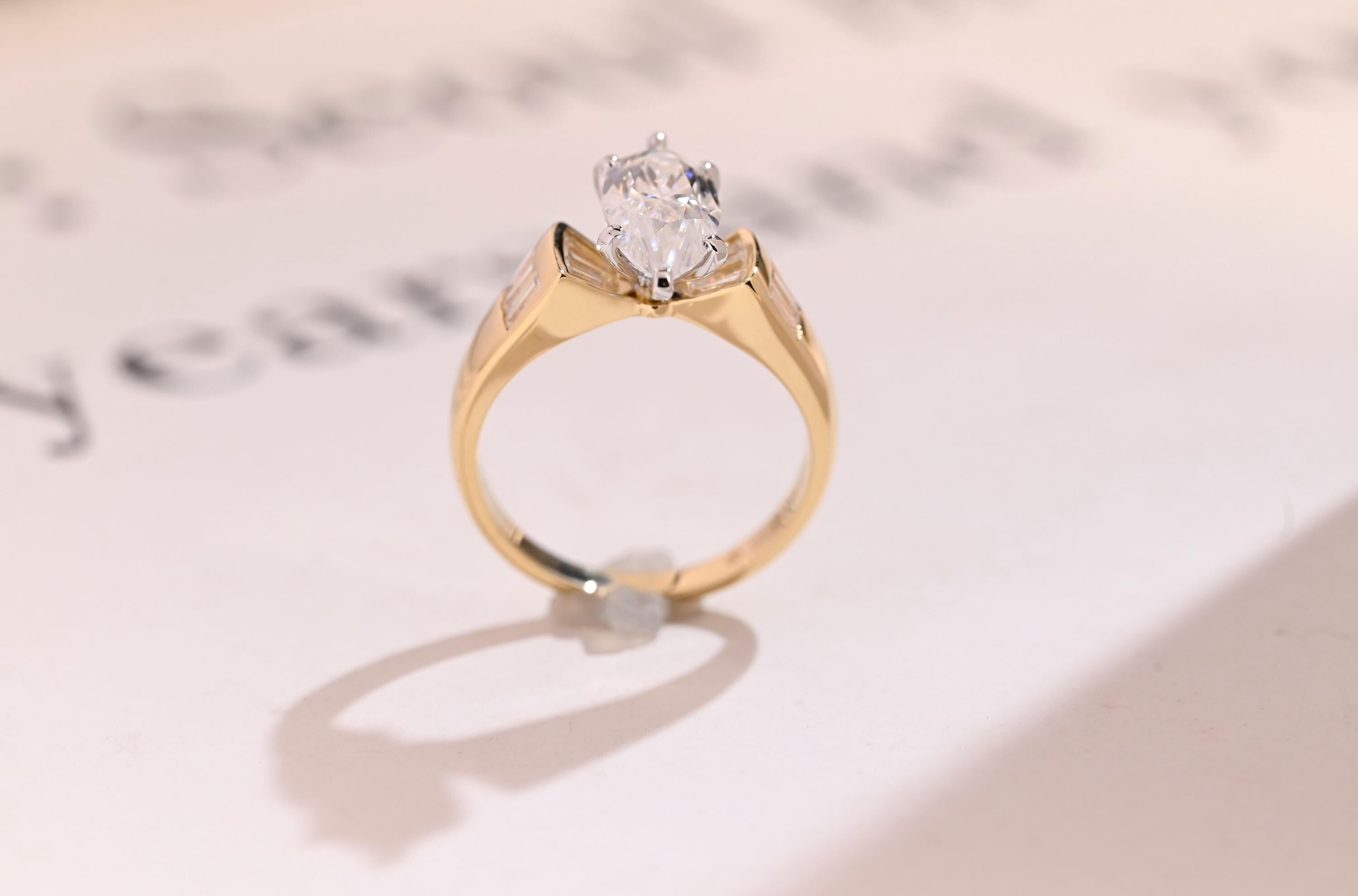 Solid Gold Marquise Cut Moissanite Engagement Ring, Anniversary Gift for Women