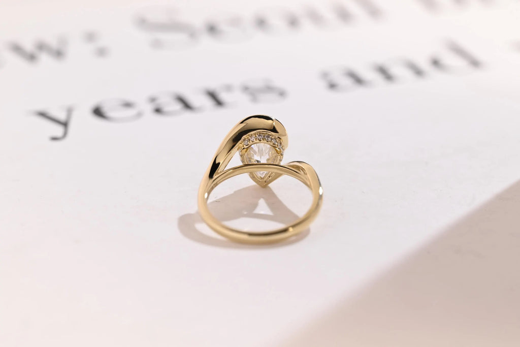 Solid Gold Pear Cut Moissanite Engagement Ring with Hidden Halo, Promise Ring