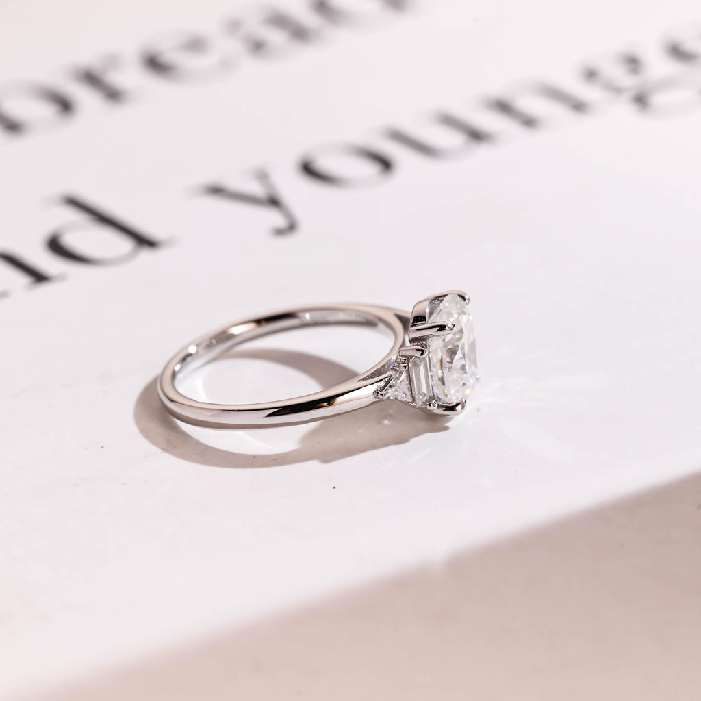 Solid Gold Oval Cut Moissanite Engagement Ring, Three Stone Promise Ring