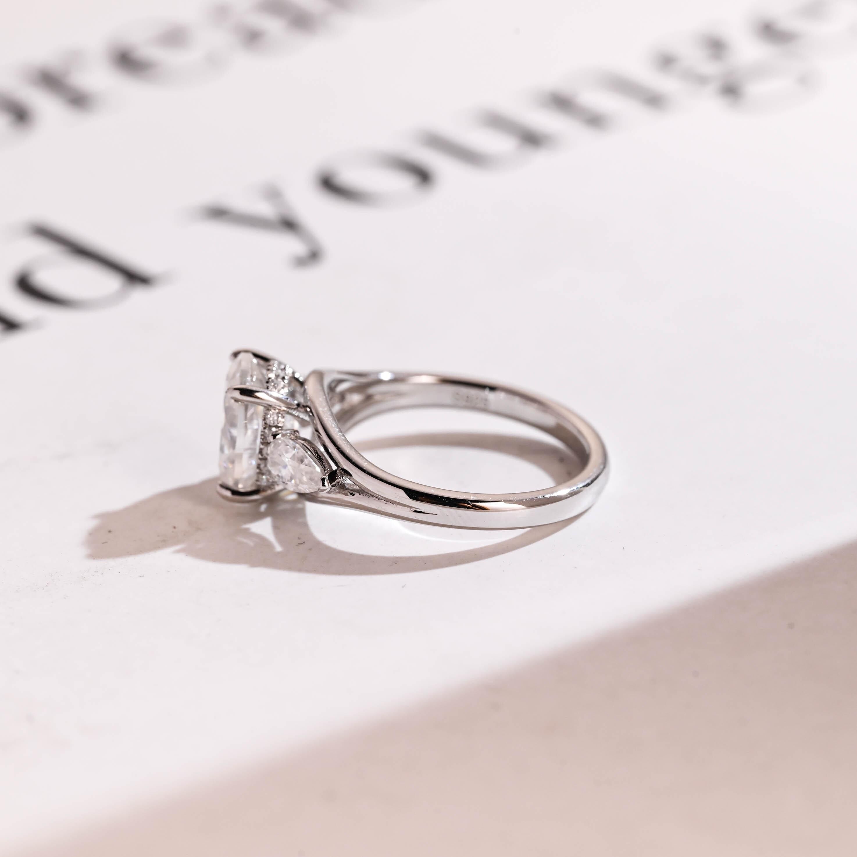Solid Gold Oval Moissanite Hidden Halo Engagement Ring with Pear Moissanite