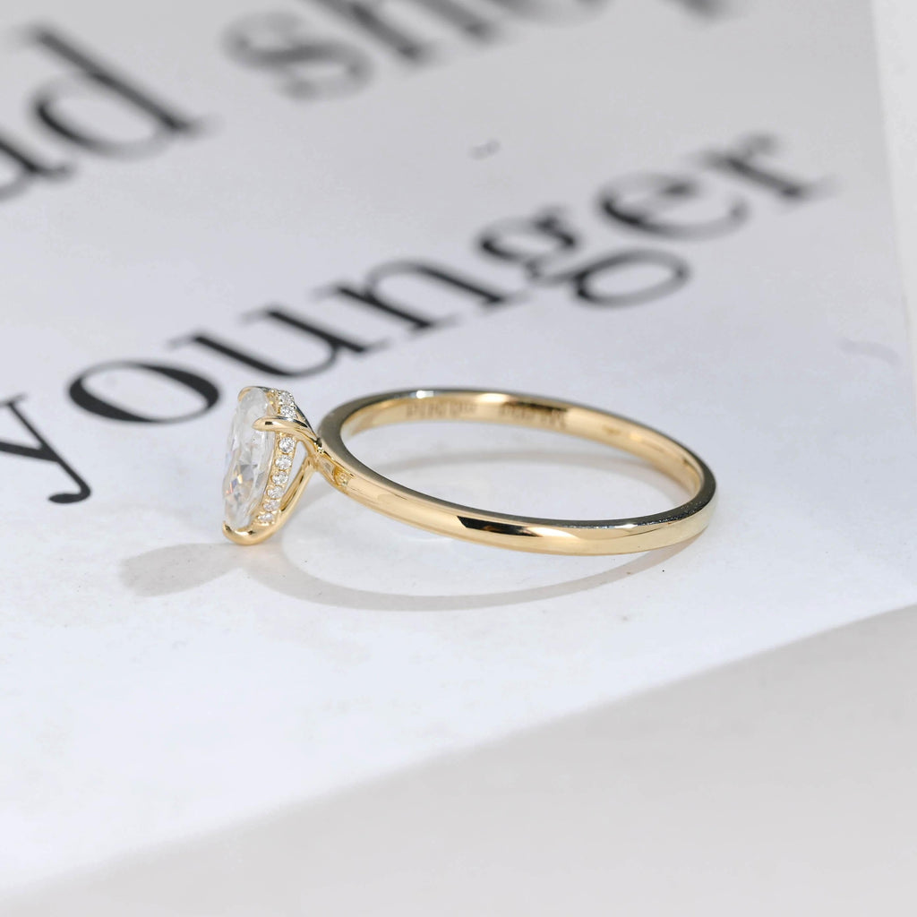 Solid Gold Pear Cut Hidden Halo Moissanite Engagement Ring