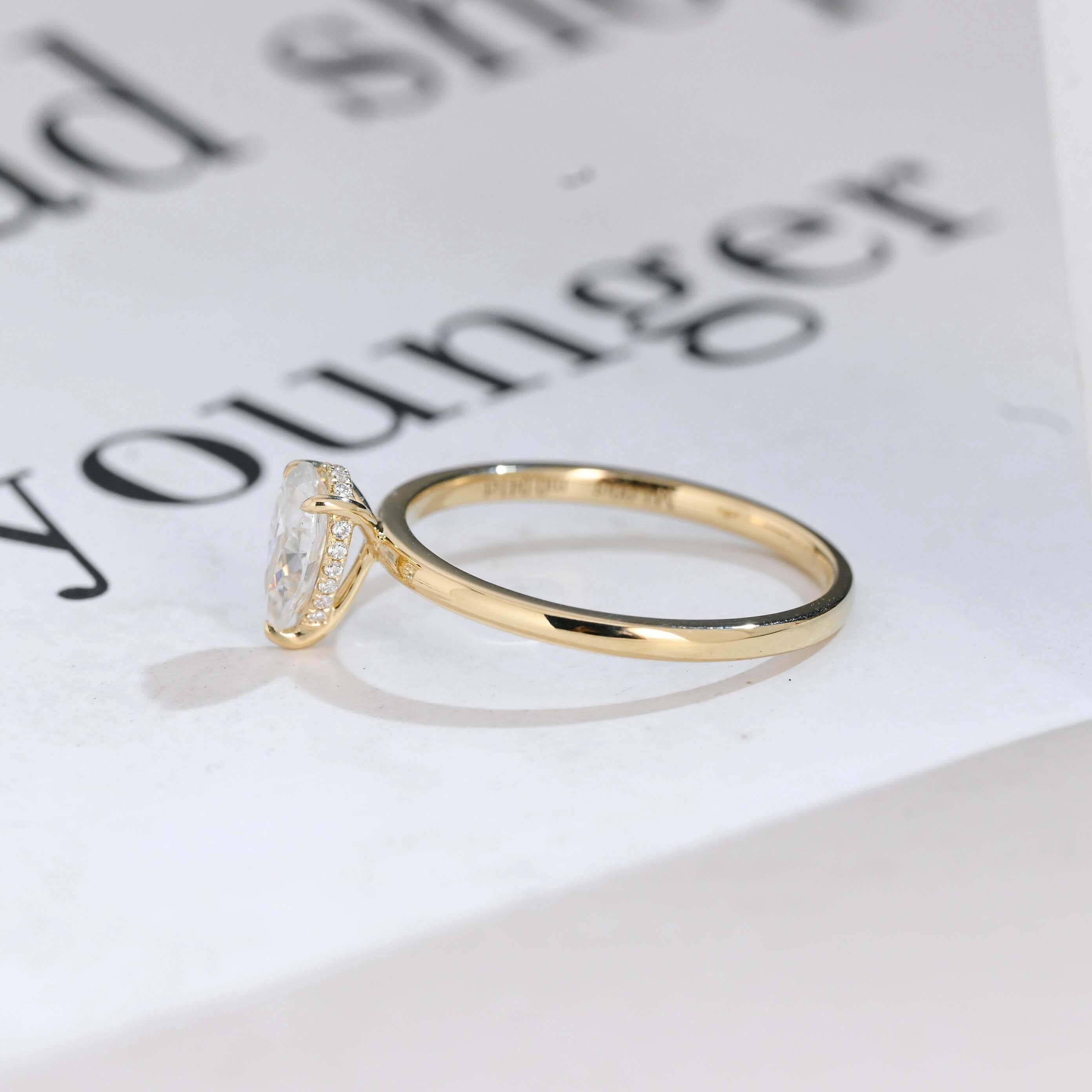 Solid Gold Pear Cut Hidden Halo Moissanite Engagement Ring