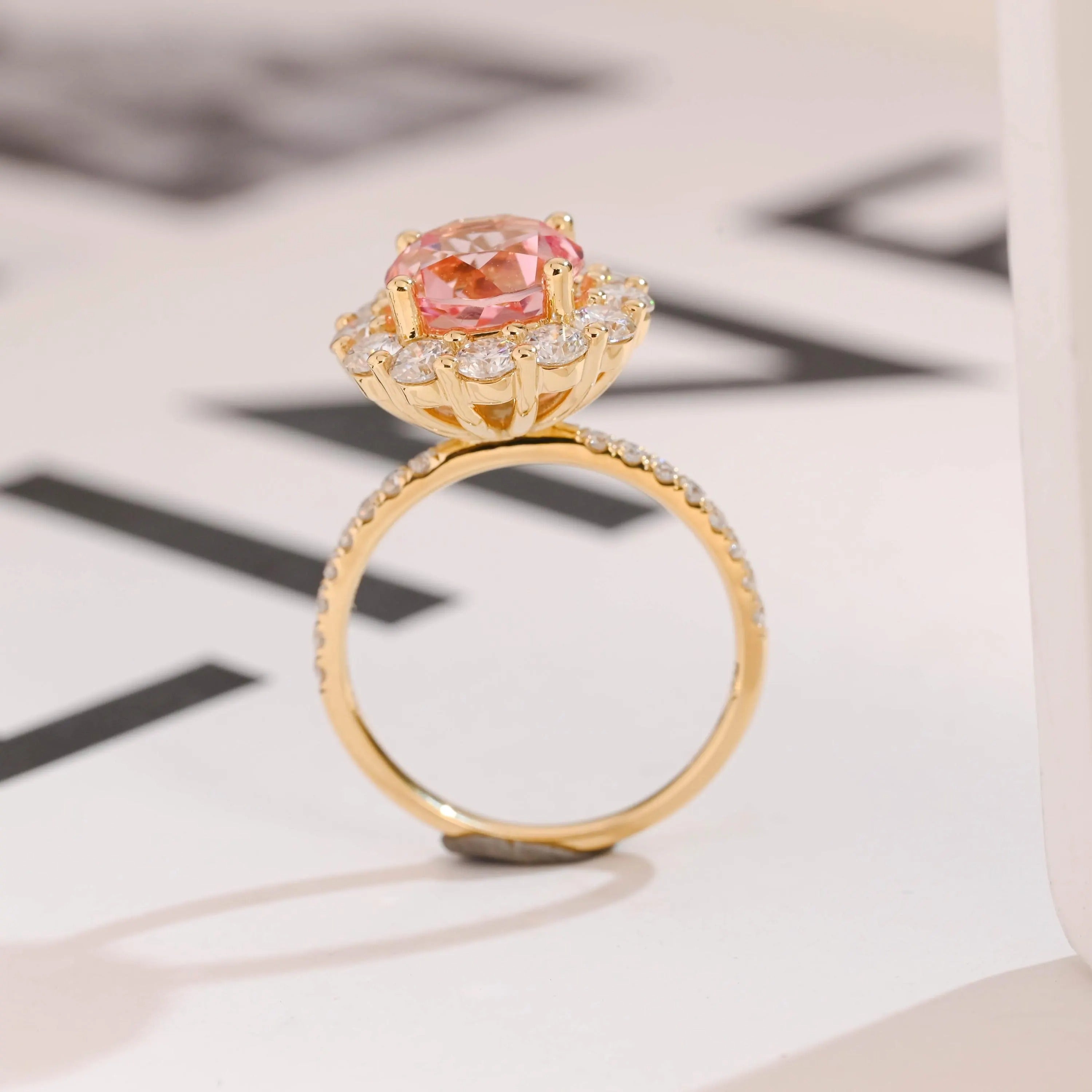 Solid Gold Sunflower Round Pink Moissanite Sapphire Engagement Ring, Half Eternity Promise Ring Secondary image