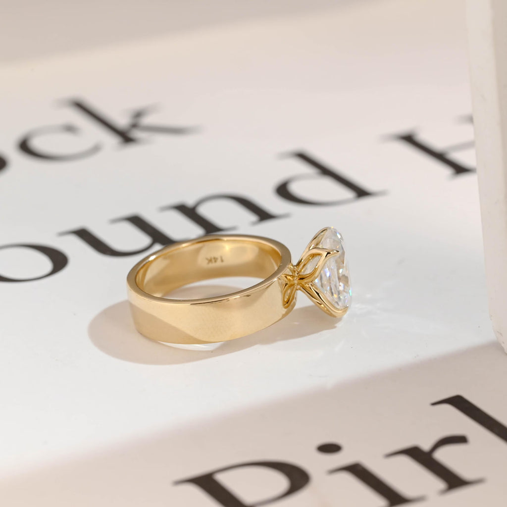 Solid Gold 5mm Band Oval Cut Moissanite Engagement Ring, Tulip Floral Ring