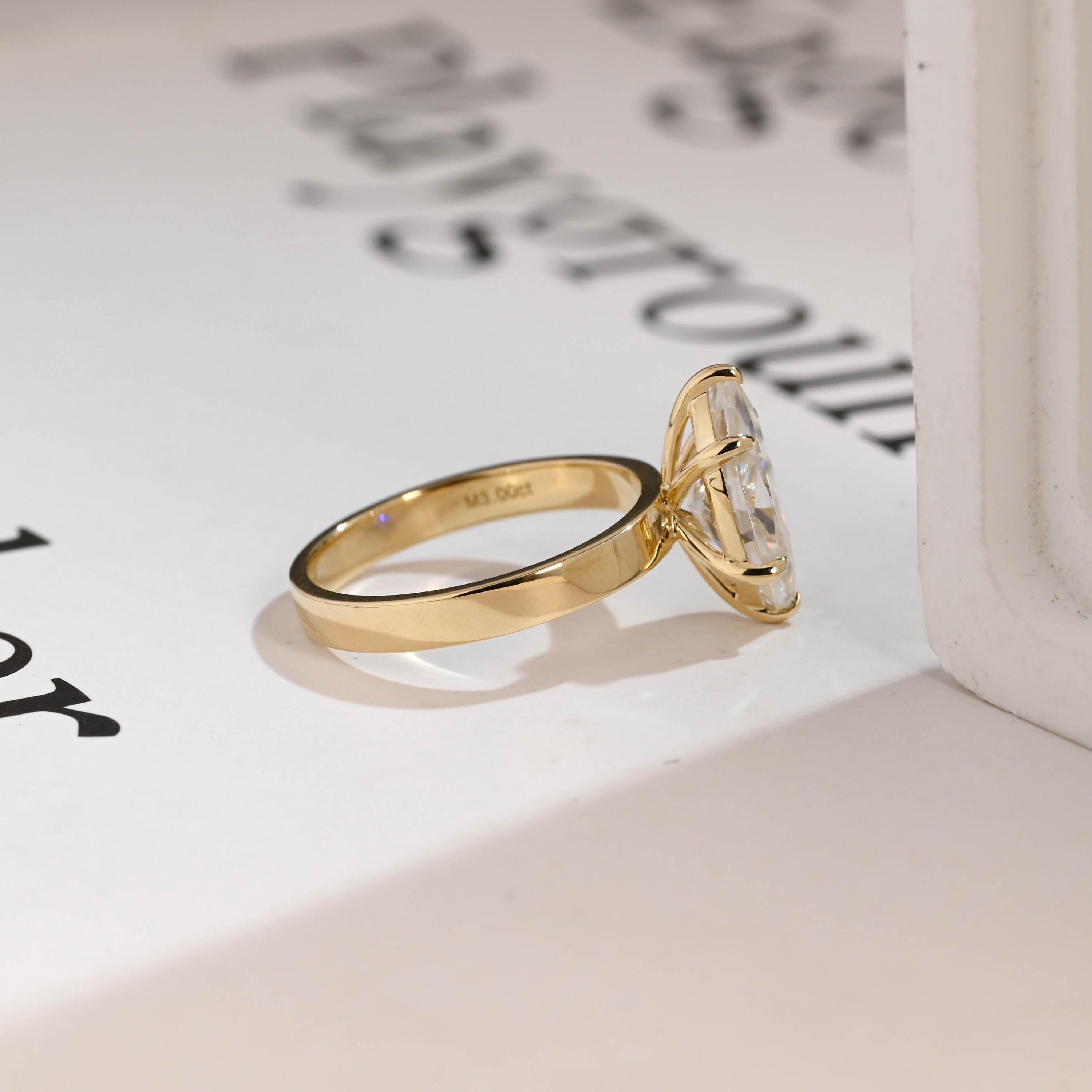 Solid Gold Marquise Cut Moissanite Engagement Ring, 3mm Wide Band