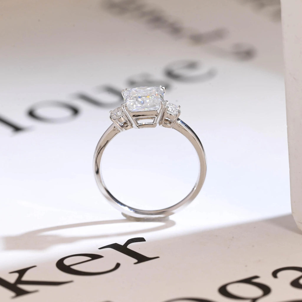 Solid Gold Princess Cut Moissanite Engagement Ring, Three Stone Promise Ring