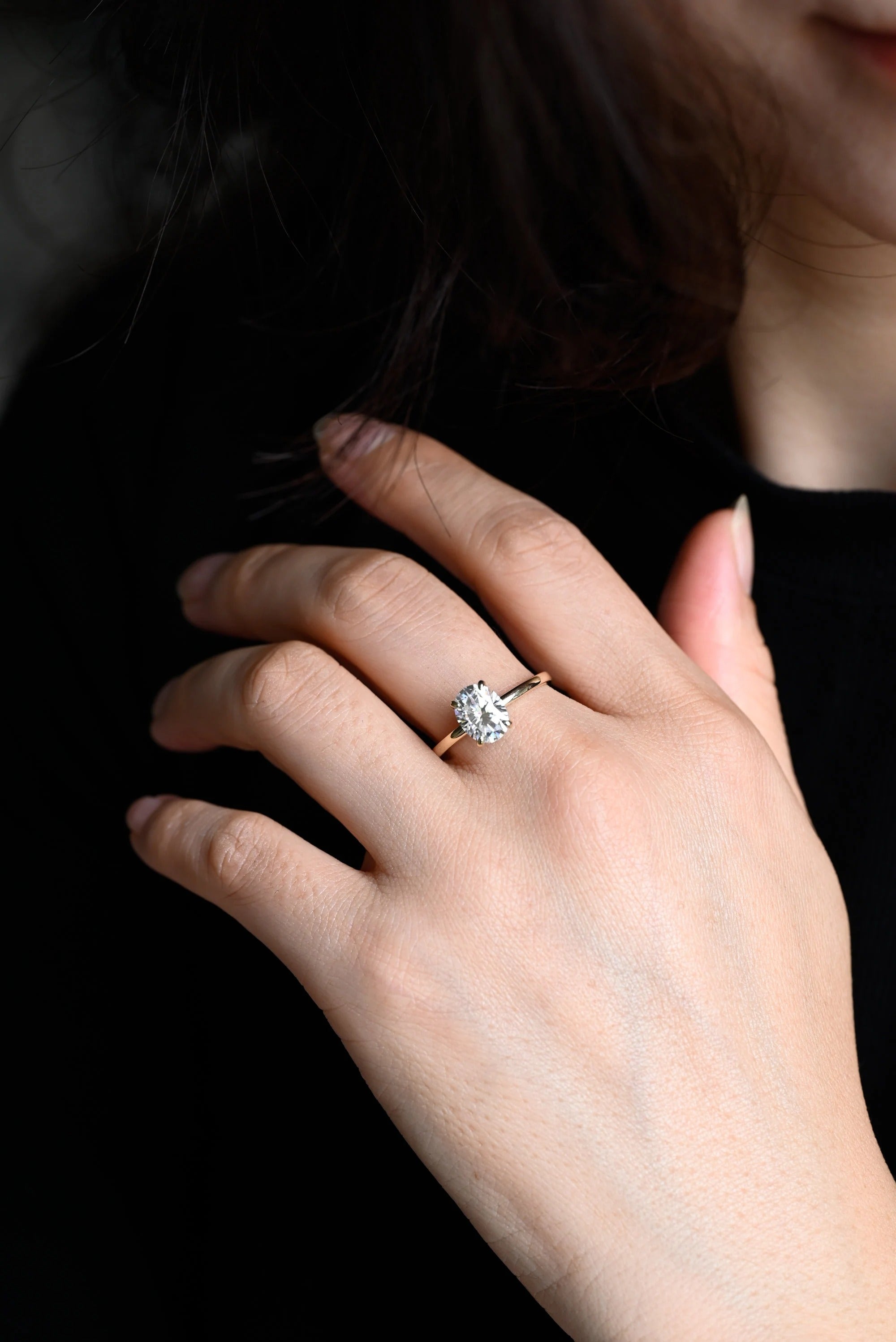 Solid Gold Oval Cut Moissanite Engagement Ring, Tulip Floral Promise Ring
