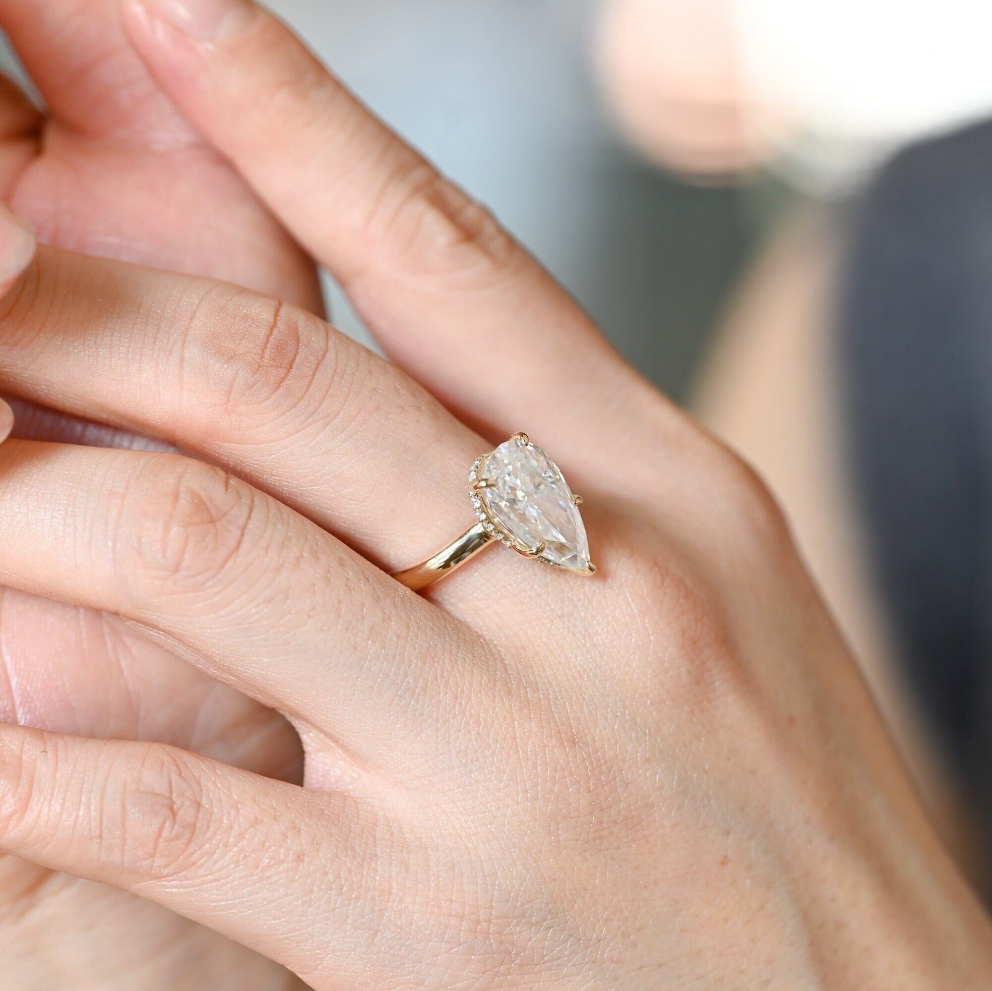 Solid Gold Pear Cut Moissanite Engagement Ring with Hidden Halo, Custom Ring