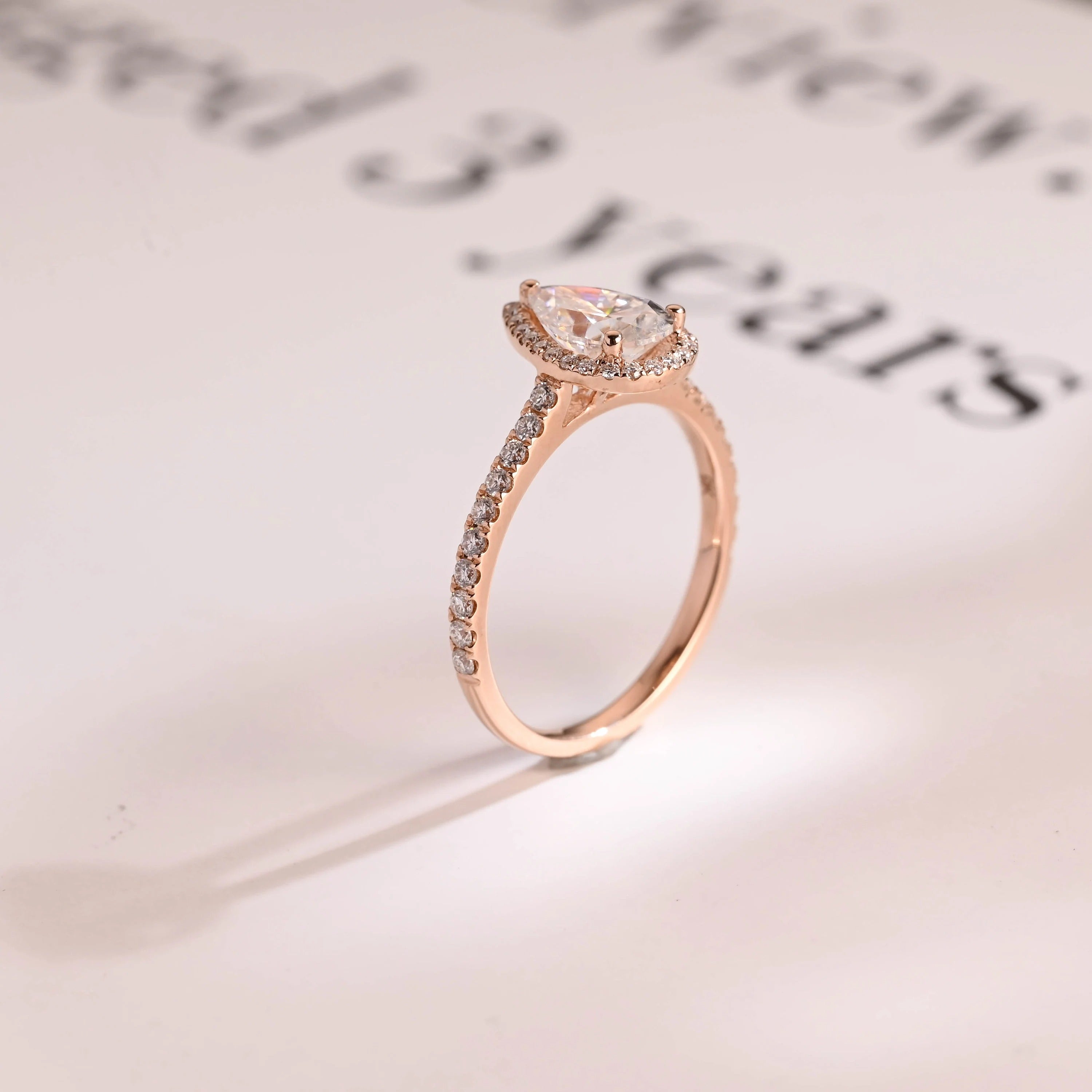Solid Gold Pear Moissanite Engagement Ring, Halo & Half Eternity Promise, Proposal Ring