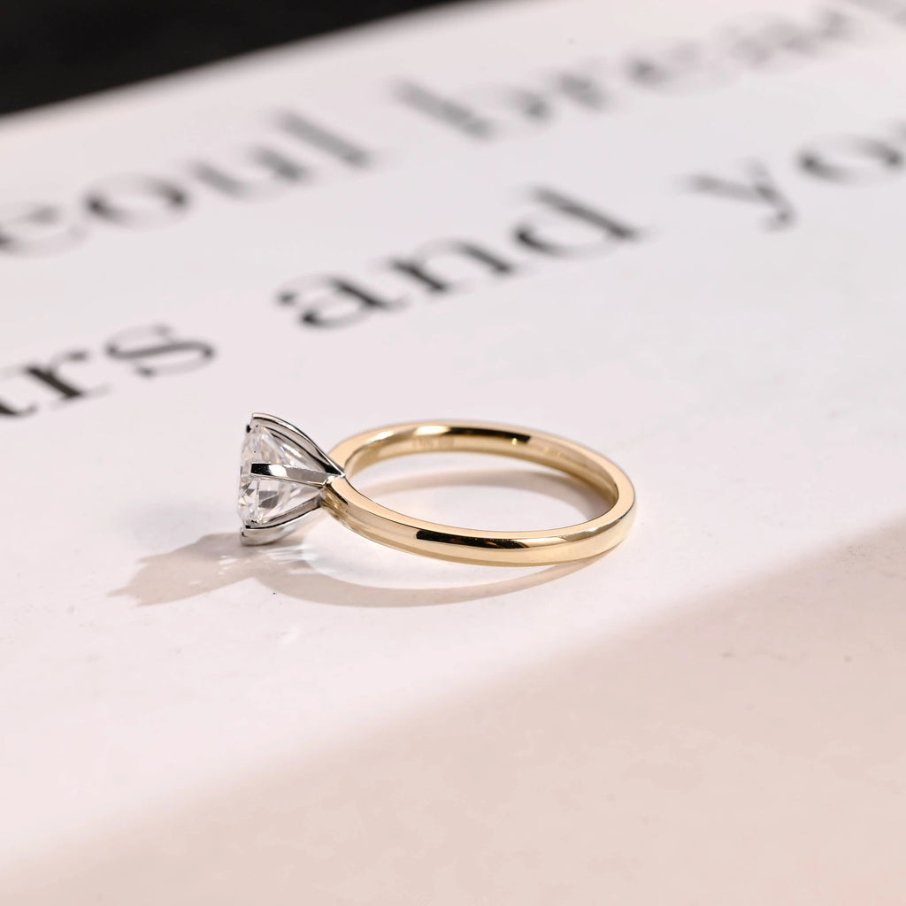Solitaire Gold Round Moissanite Engagement Ring, Six Prong Setting