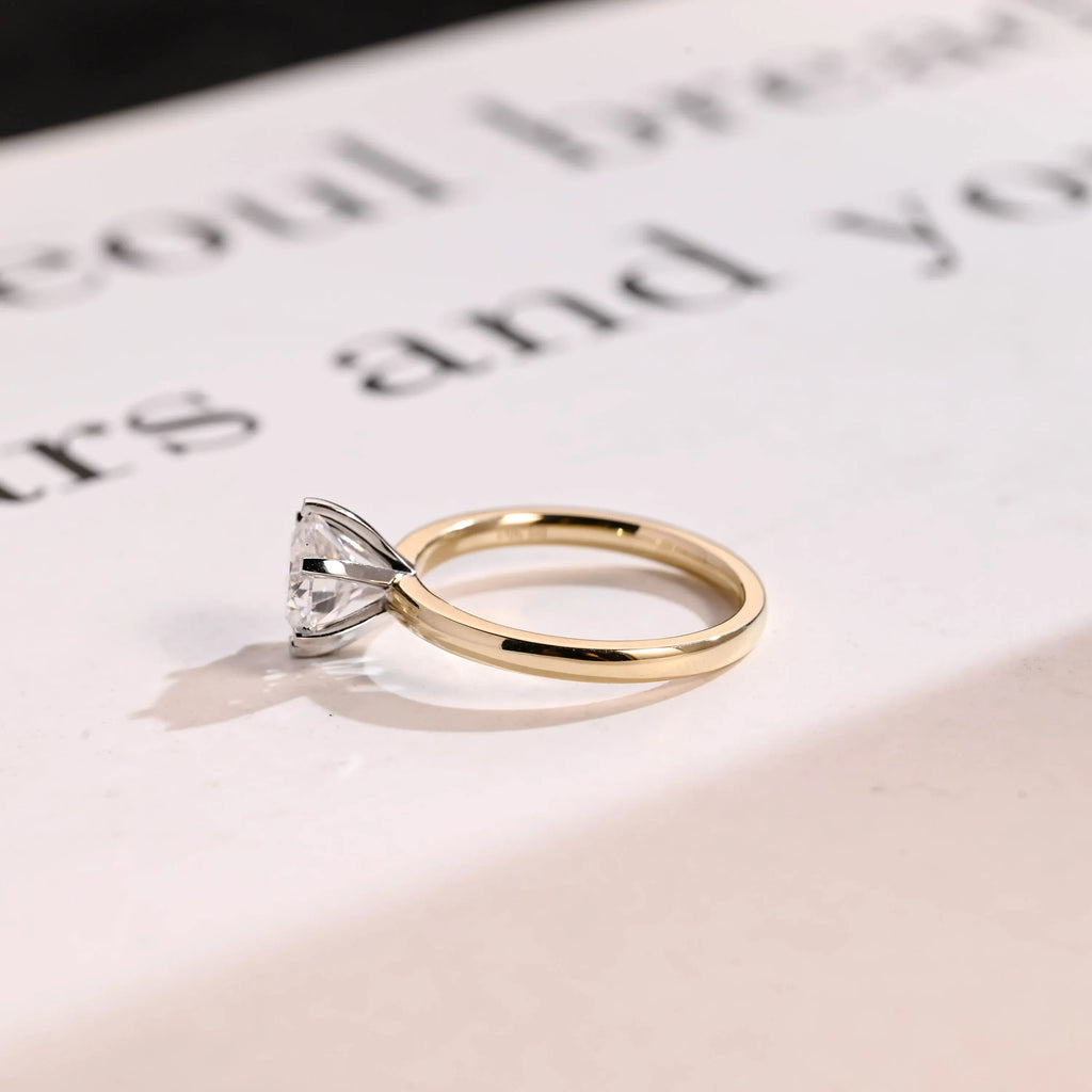 Solitaire Gold Round Moissanite Engagement Ring, Six Prong Setting