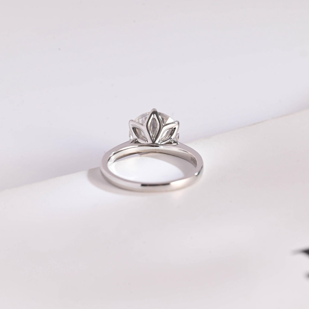 Solid Gold Tulip Floral Round Moissanite Engagement Ring, Anniversary Gift for Her