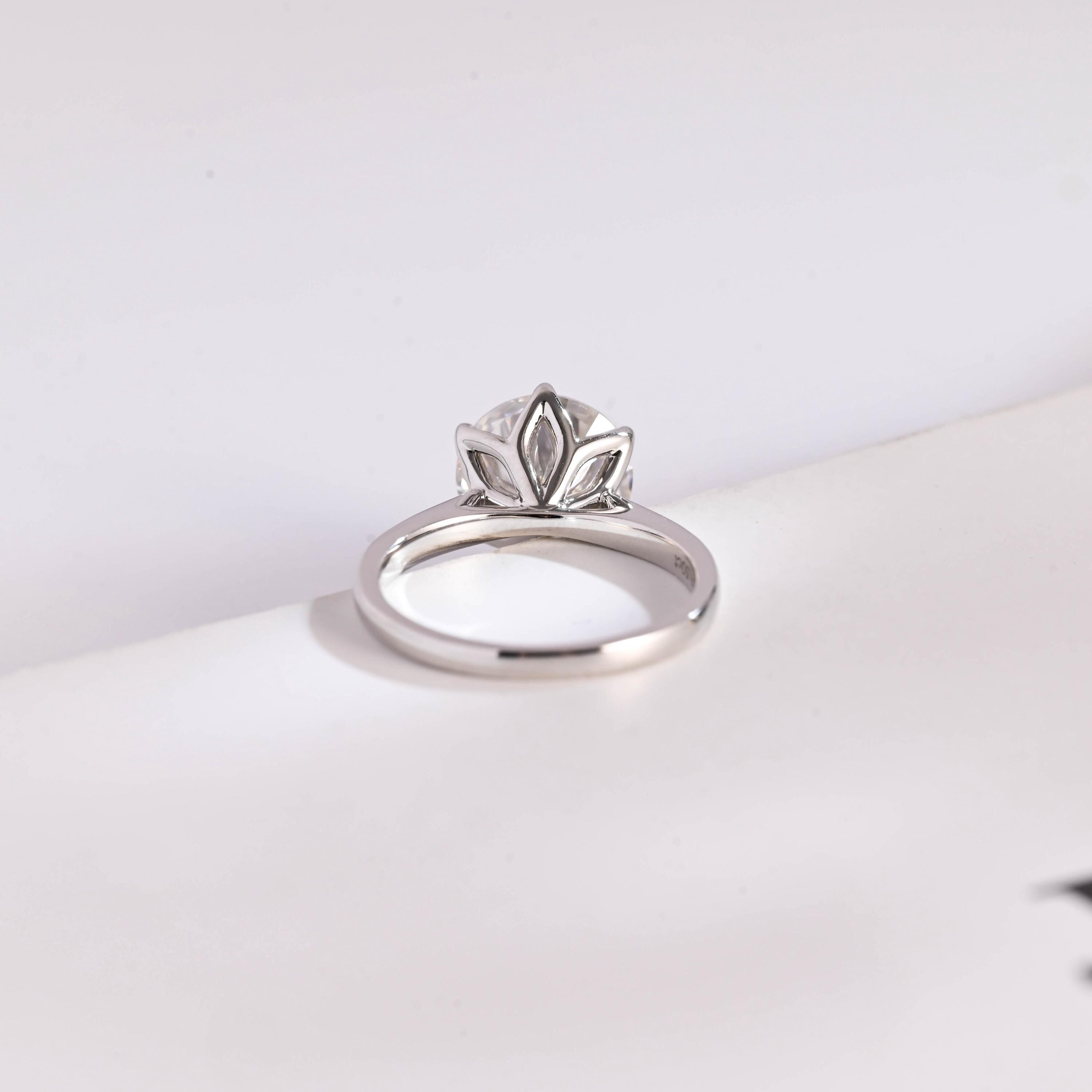 Solid Gold Tulip Floral Round Moissanite Engagement Ring, Anniversary Gift for Her
