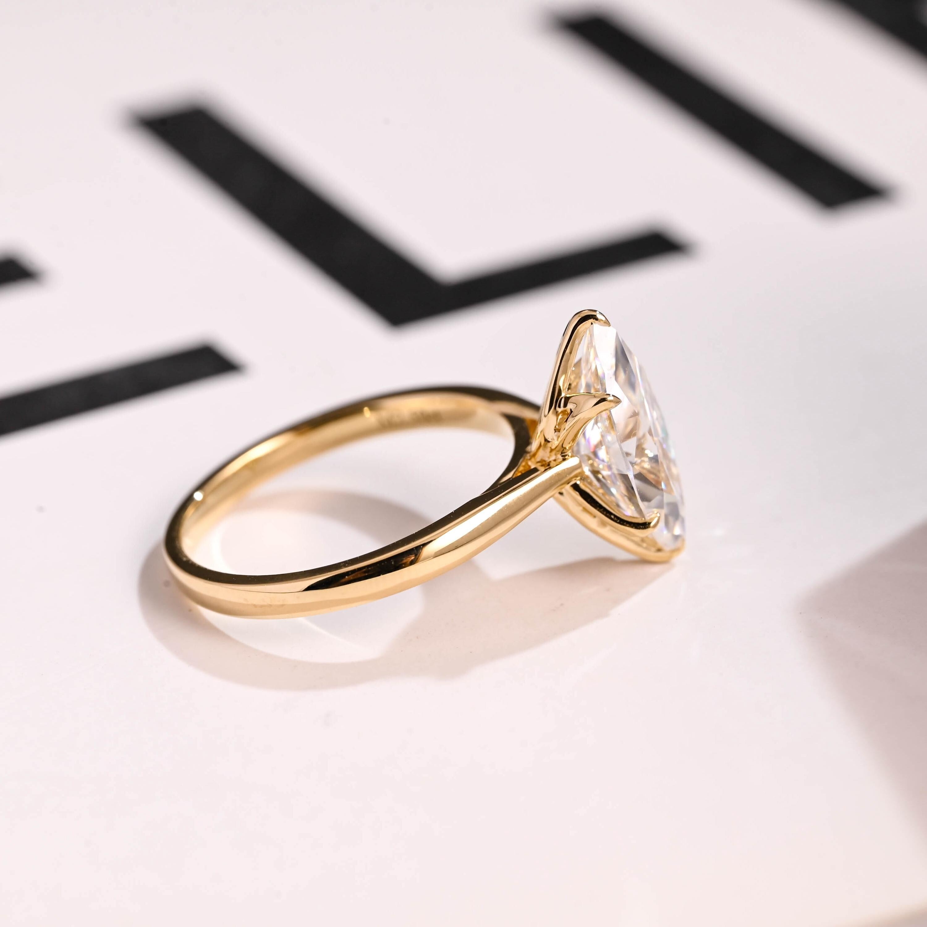 Solid Gold Tulip Floral Marquise Moissanite Engagement Ring, Proposal Ring