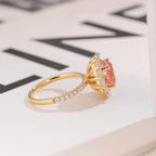 Solid Gold Sunflower Round Pink Moissanite Sapphire Engagement Ring, Half Eternity Promise Ring