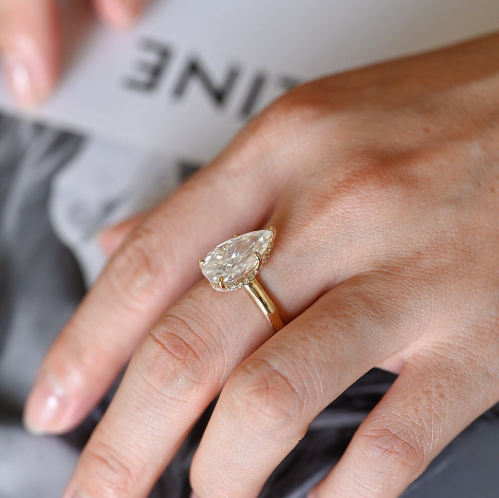 Solid Gold Pear Cut Moissanite Engagement Ring with Hidden Halo, Custom Ring