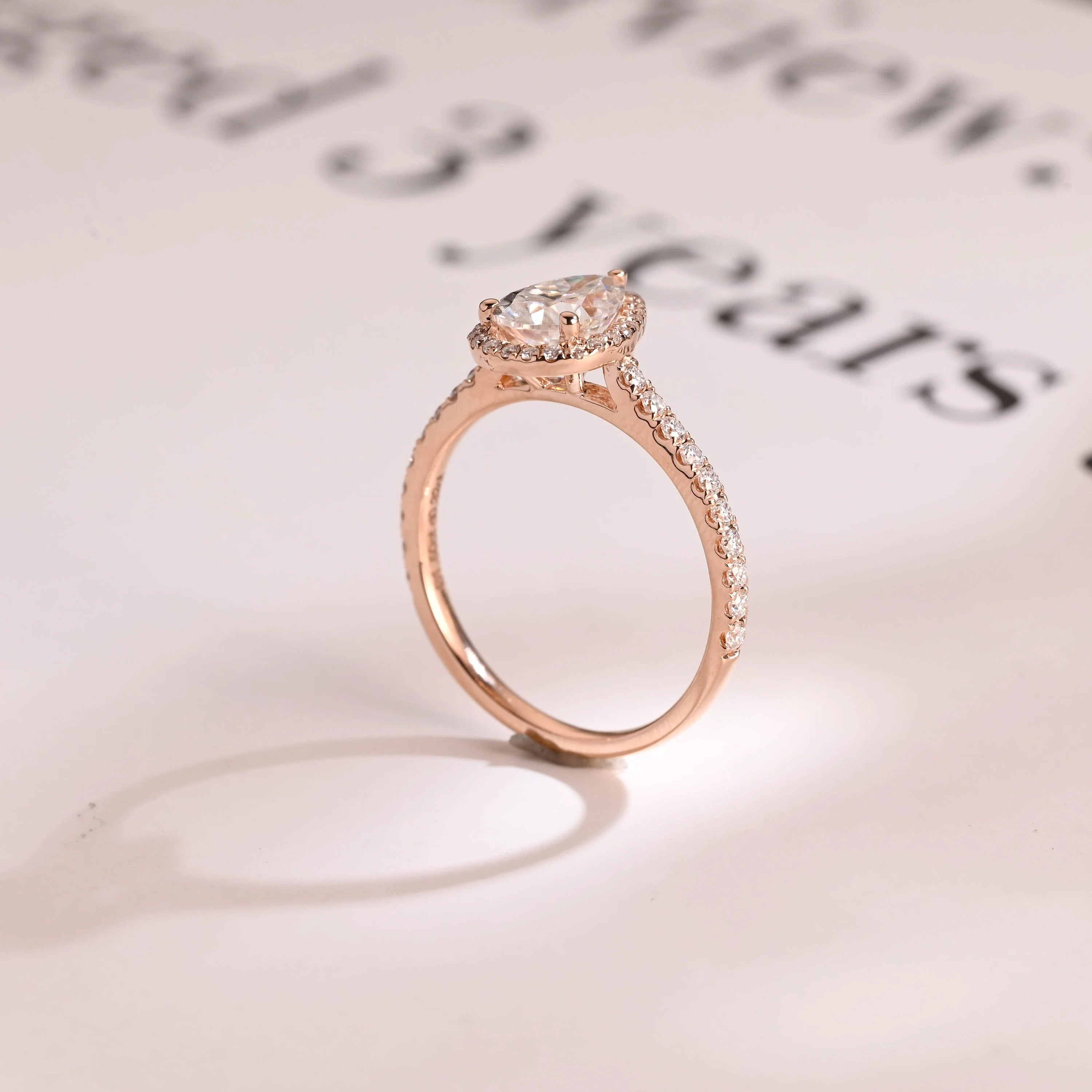 Solid Gold Pear Moissanite Engagement Ring, Halo & Half Eternity Promise, Proposal Ring Secondary image