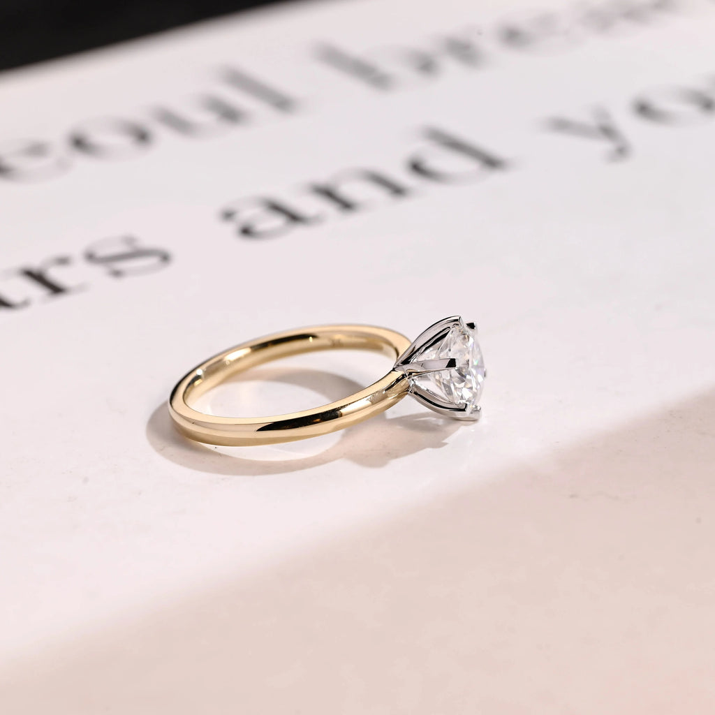 Solitaire Gold Round Moissanite Engagement Ring, Six Prong Setting