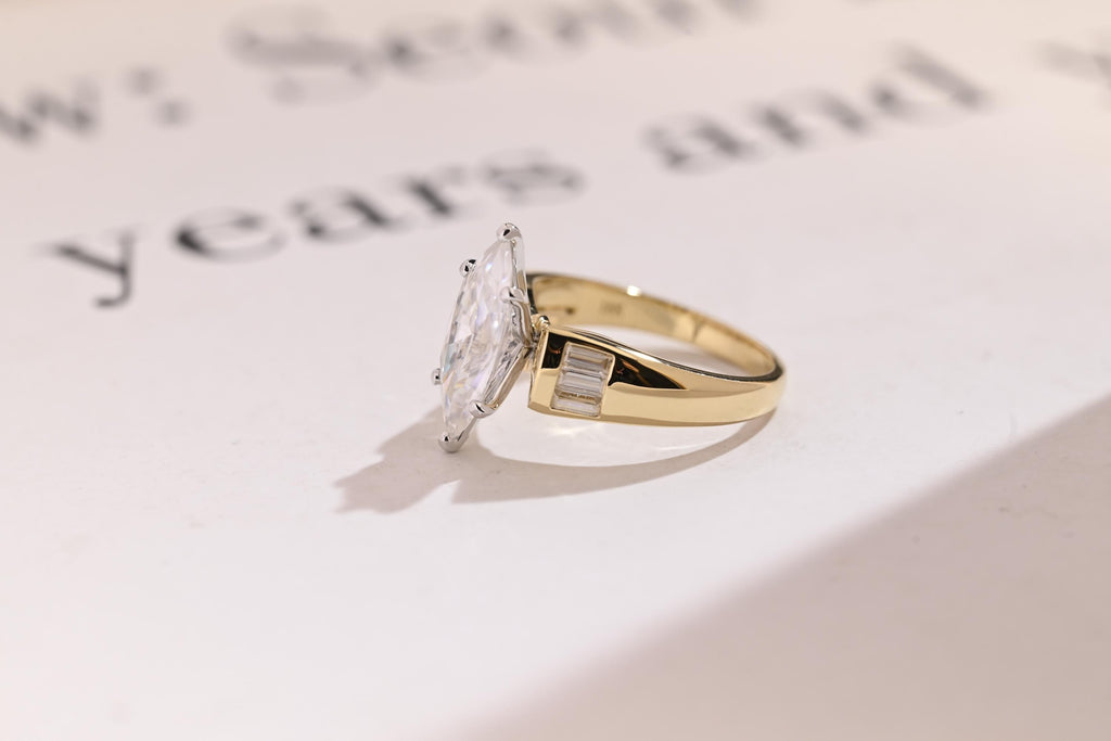 Solid Gold Marquise Cut Moissanite Engagement Ring, Anniversary Gift for Women
