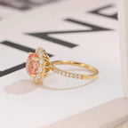 Solid Gold Sunflower Round Pink Moissanite Sapphire Engagement Ring, Half Eternity Promise Ring