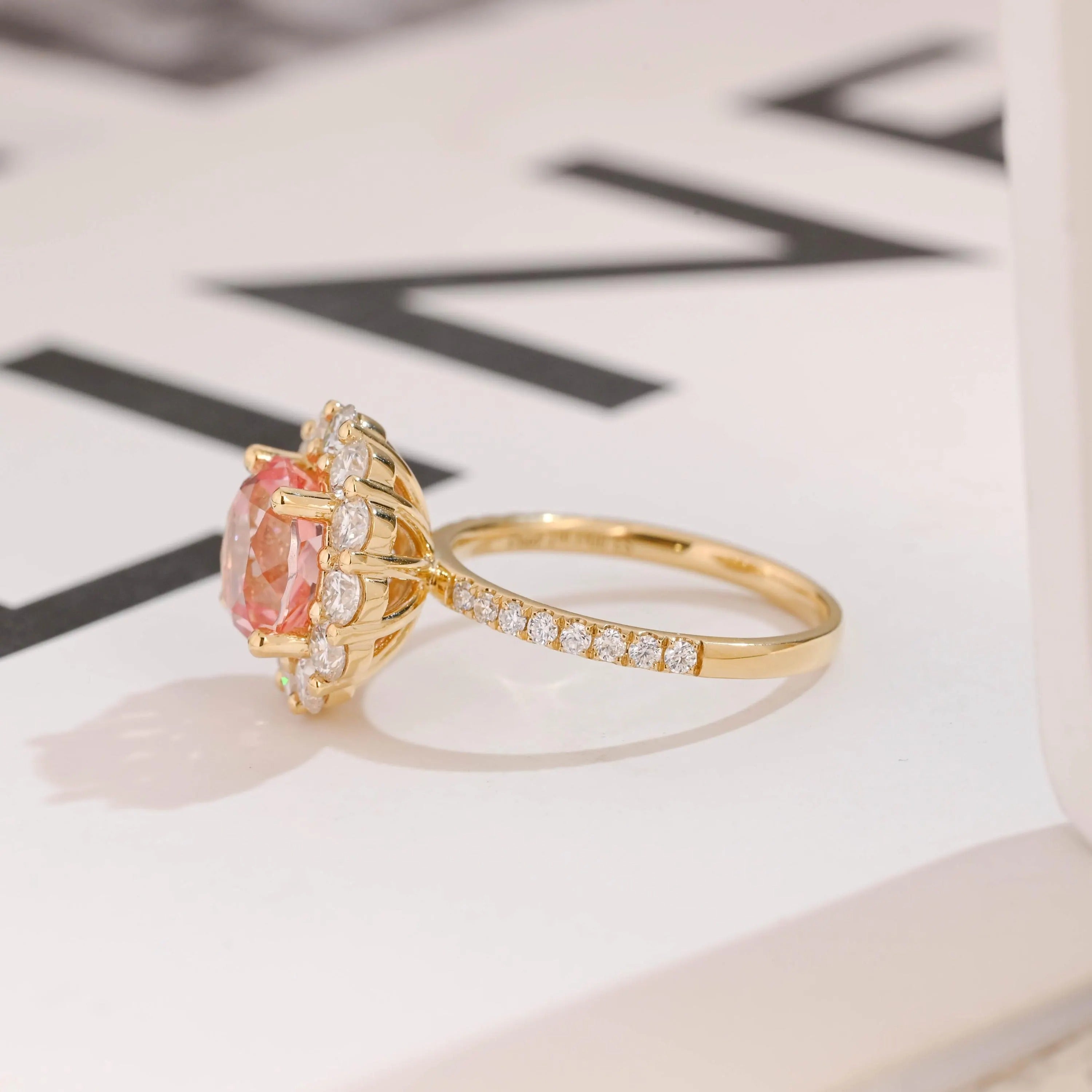 Solid Gold Sunflower Round Pink Moissanite Sapphire Engagement Ring, Half Eternity Promise Ring