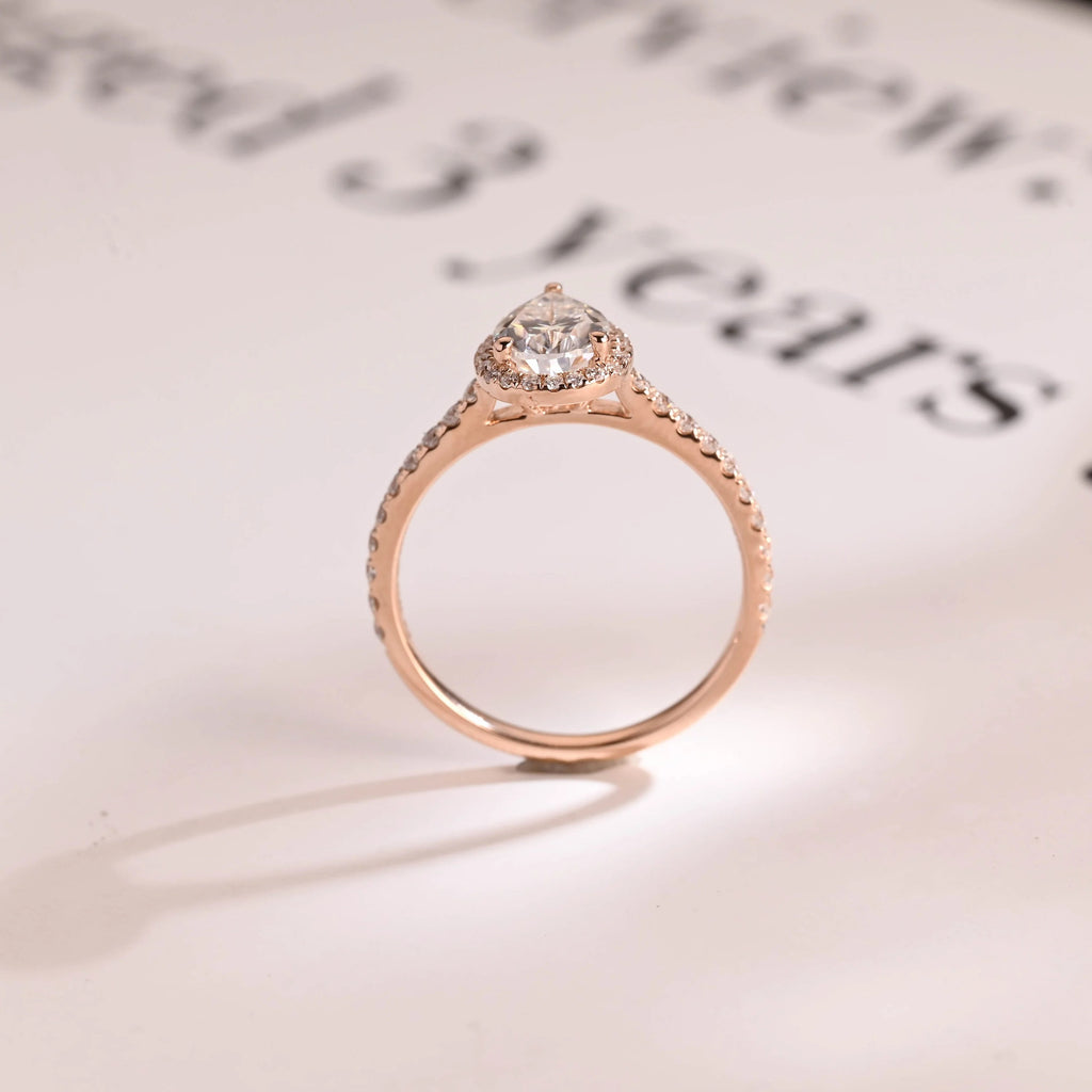 Solid Gold Pear Moissanite Engagement Ring, Halo & Half Eternity Promise, Proposal Ring
