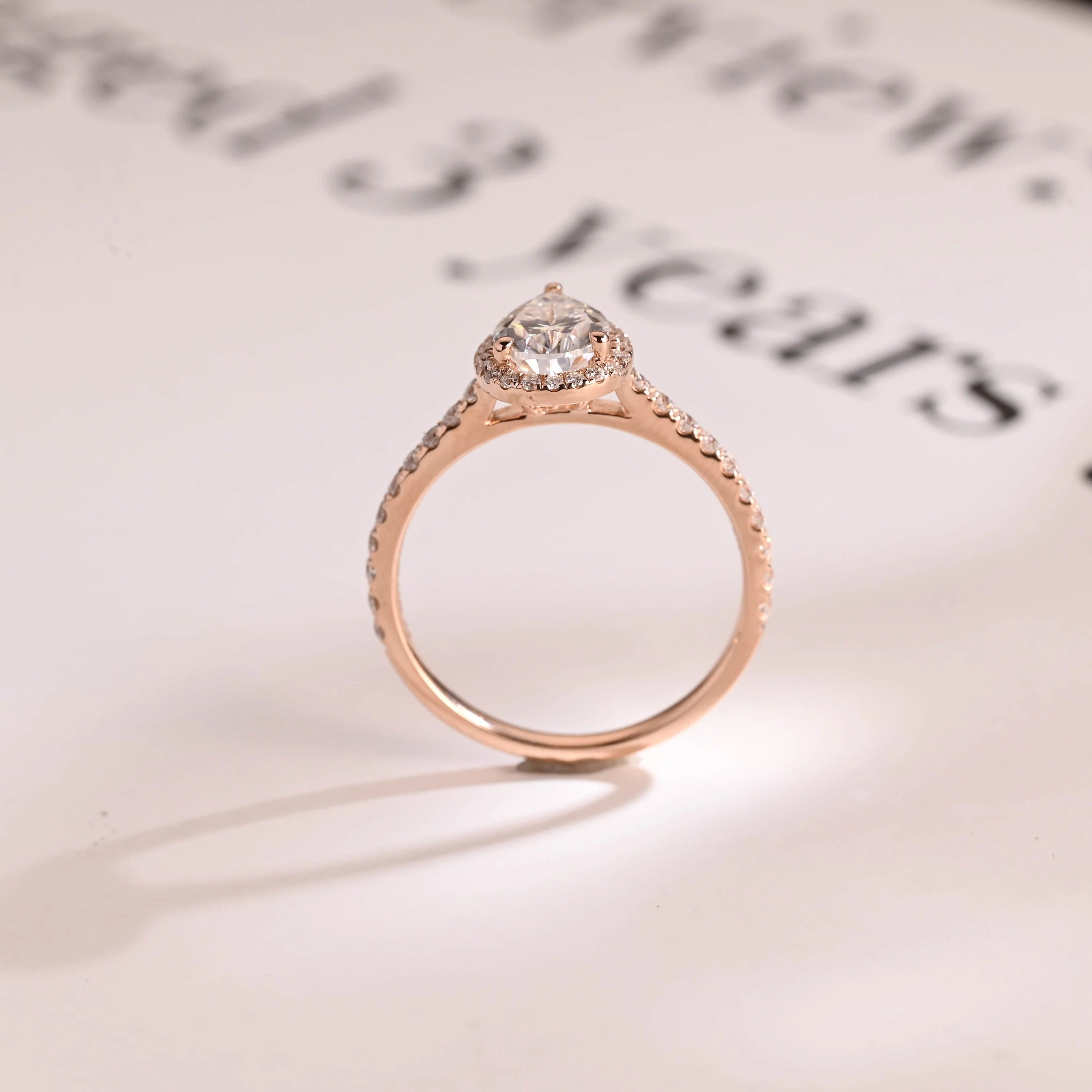 Solid Gold Pear Moissanite Engagement Ring, Halo & Half Eternity Promise, Proposal Ring