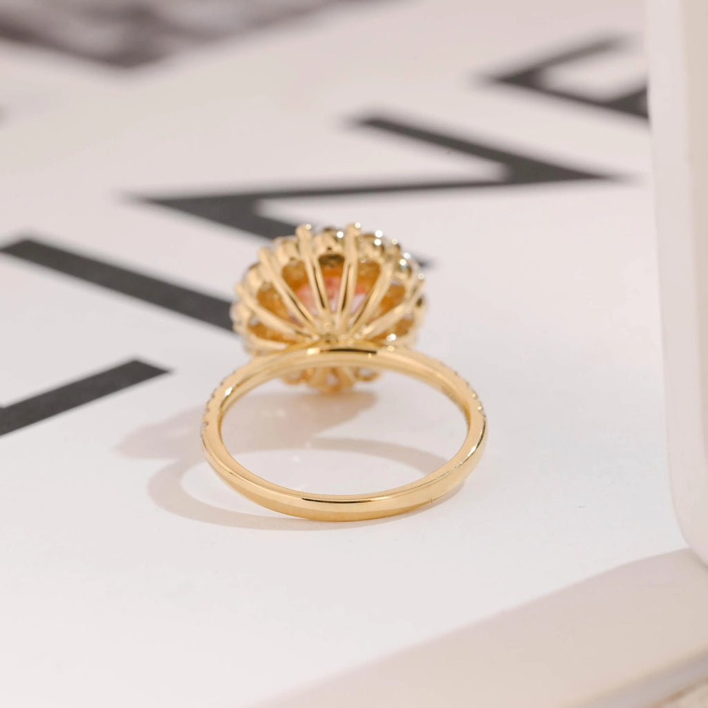 Solid Gold Sunflower Round Pink Moissanite Sapphire Engagement Ring, Half Eternity Promise Ring
