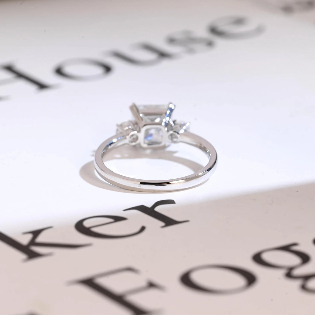 Solid Gold Princess Cut Moissanite Engagement Ring, Three Stone Promise Ring