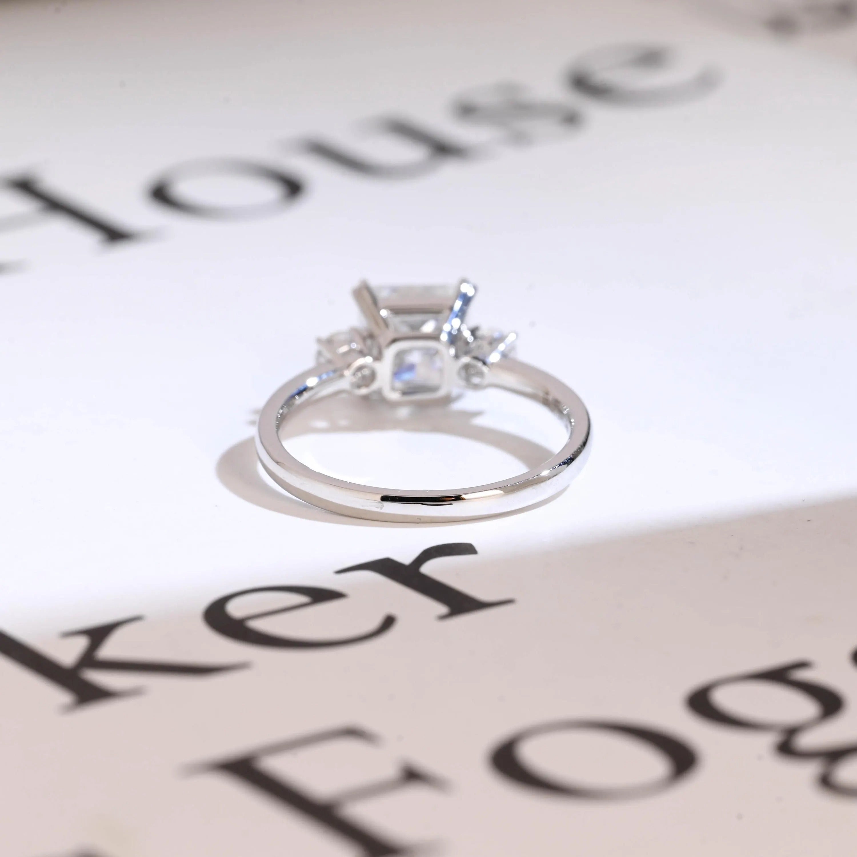 Solid Gold Princess Cut Moissanite Engagement Ring, Three Stone Promise Ring