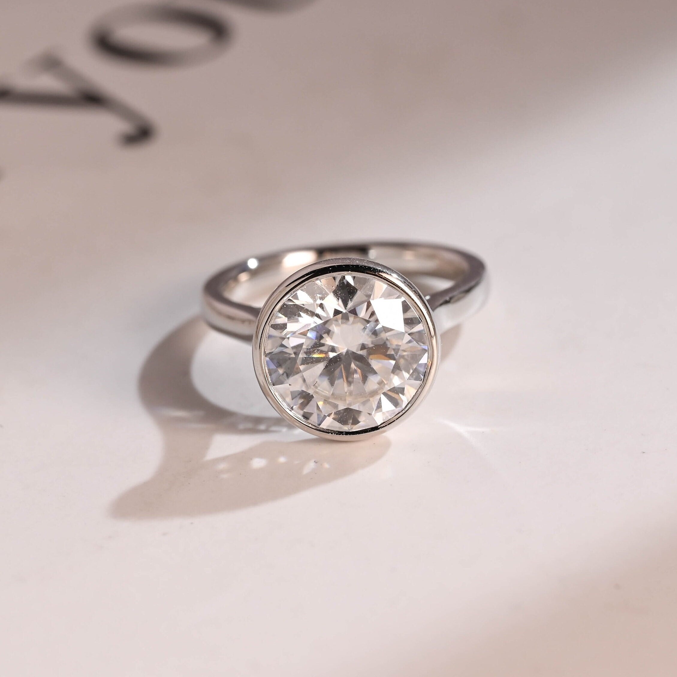 Bezel Solid Gold Round Cut Moissanite Engagement Ring, Anniversary Gift for Her Main image