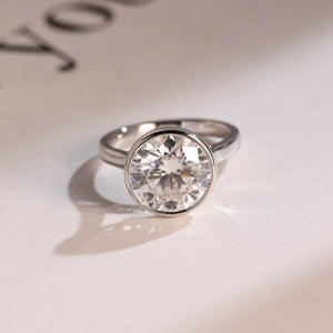 Bezel Solid Gold Round Cut Moissanite Engagement Ring, Anniversary Gift for Her