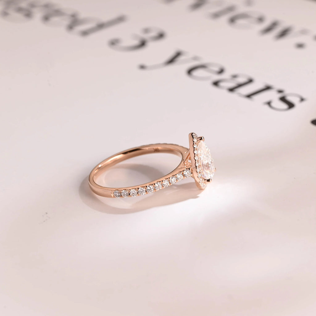 Solid Gold Pear Moissanite Engagement Ring, Halo & Half Eternity Promise, Proposal Ring
