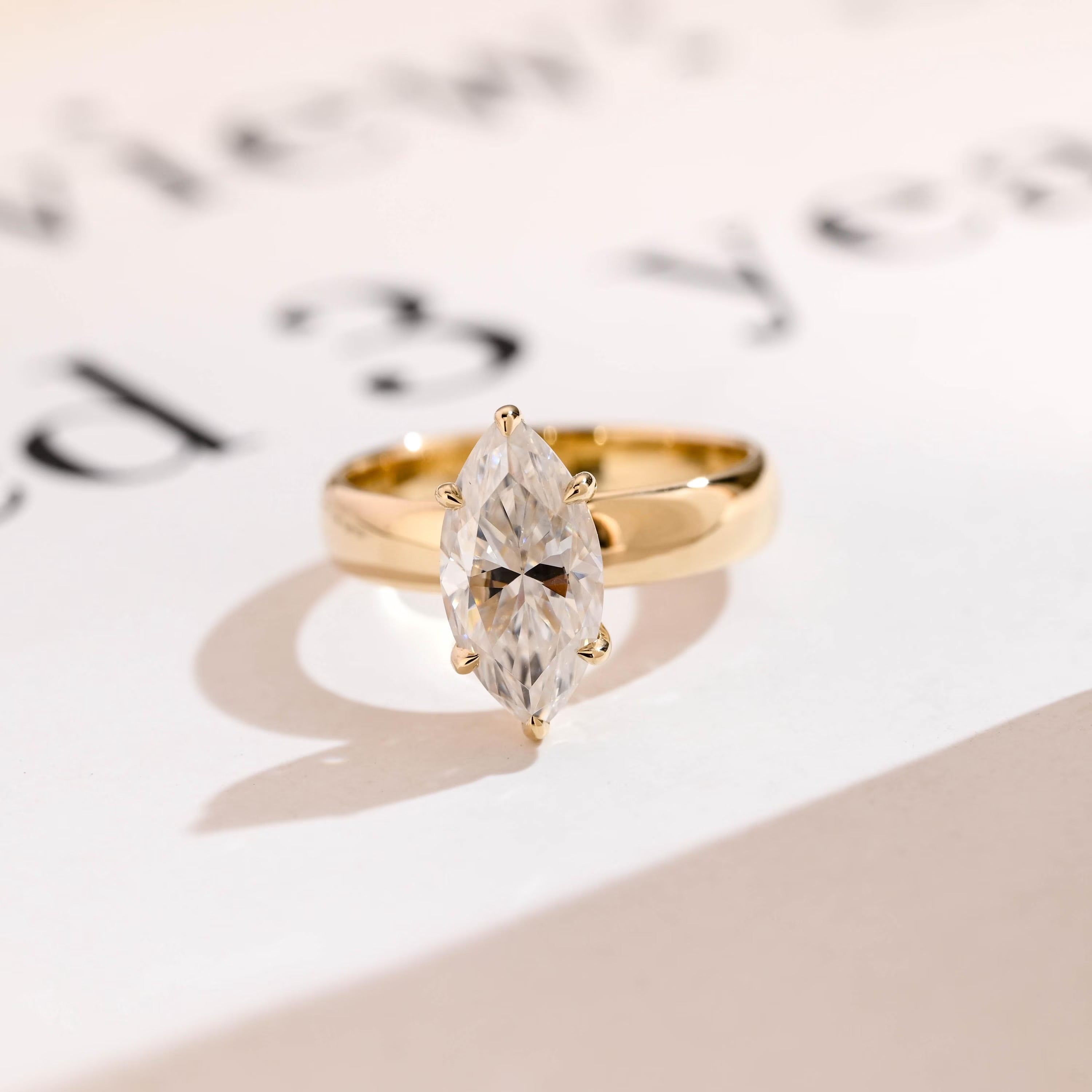 Solid Gold 4mm Band Marquise Moissanite Engagement Ring, Promise Ring Main image