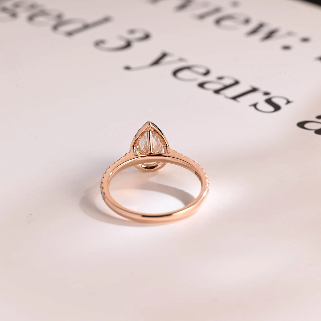 Solid Gold Pear Moissanite Engagement Ring, Halo & Half Eternity Promise, Proposal Ring