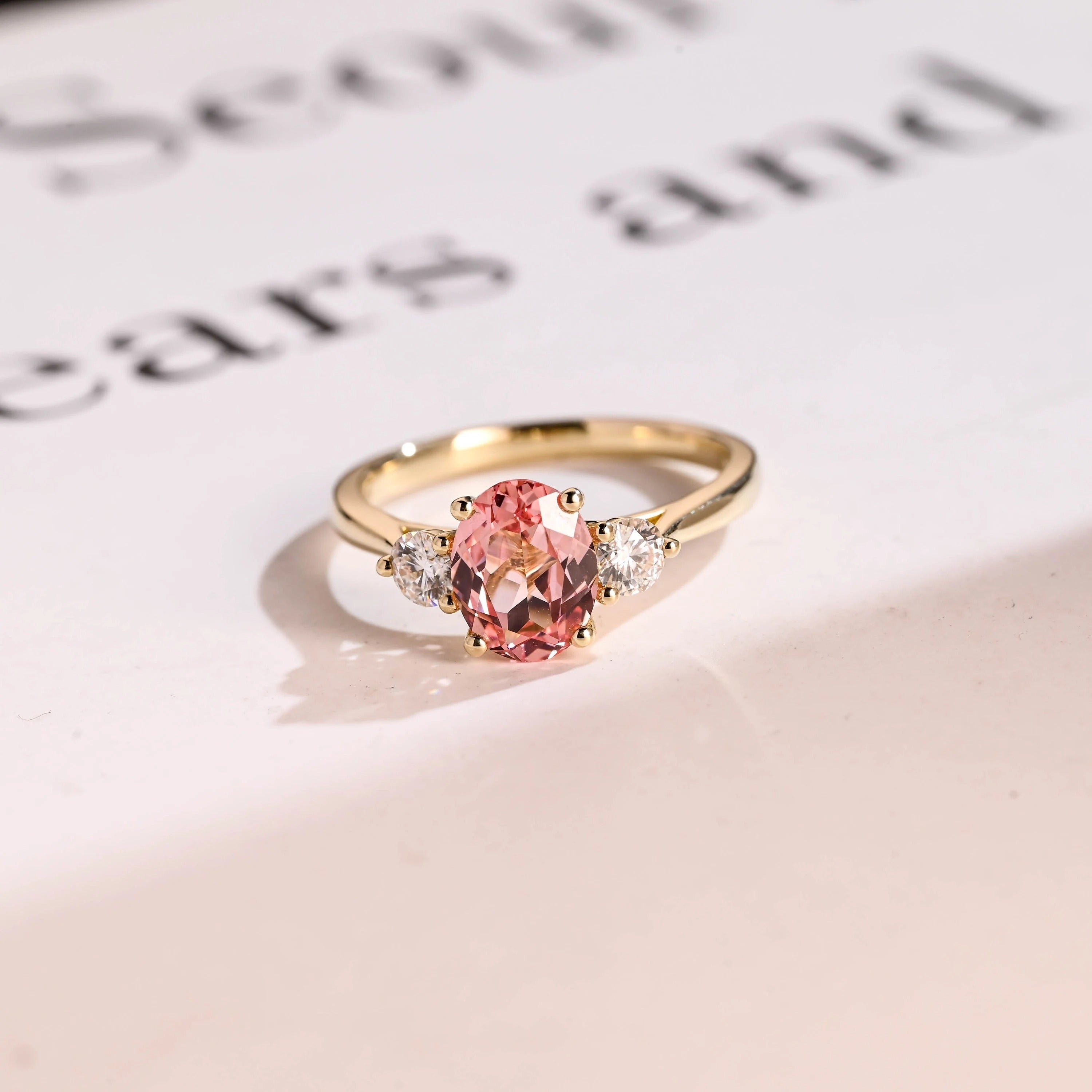 Solid Gold Oval Cut Pink Moissanite Engagement Ring, Custom-Made Ring Available Main image