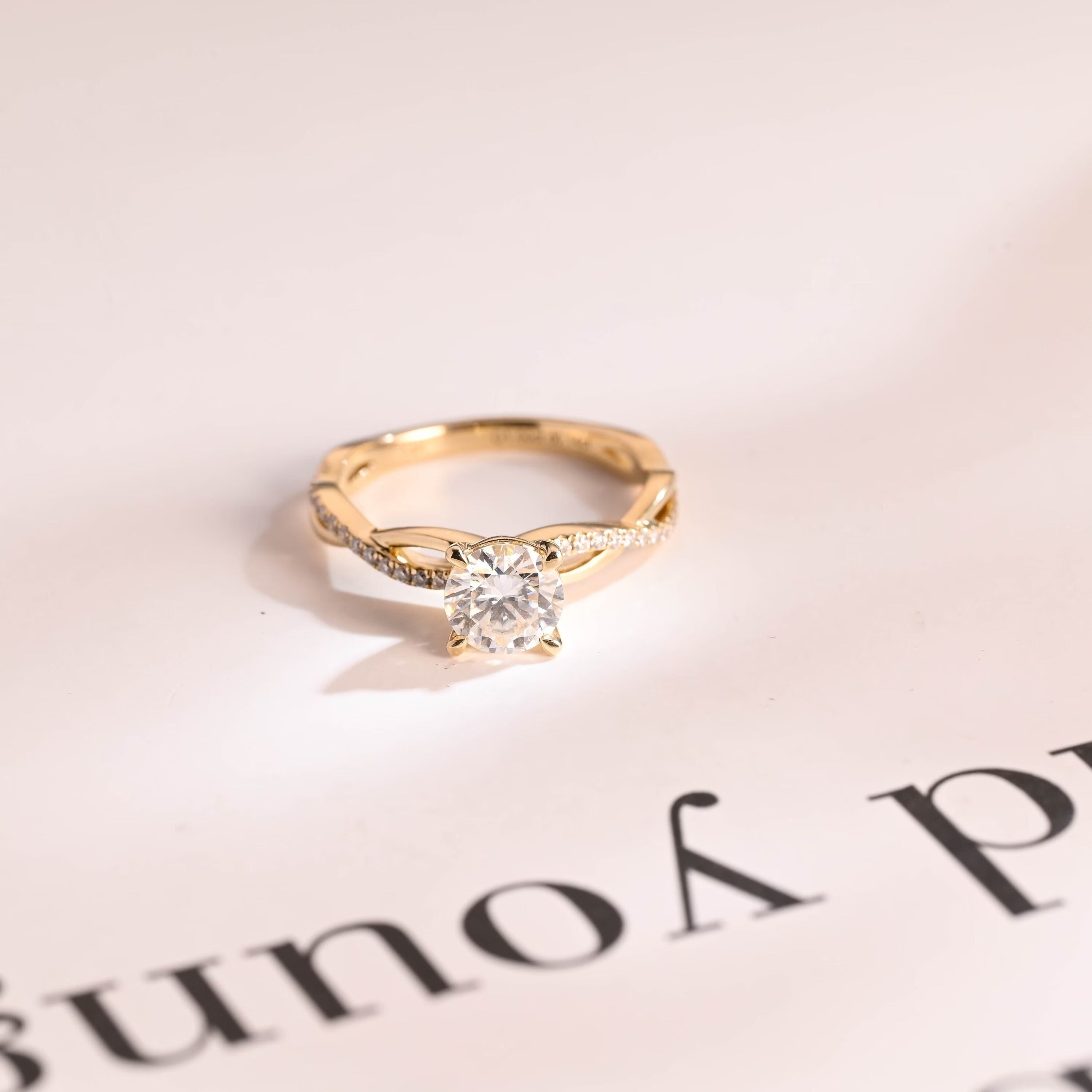 Solid Gold Round Cut Moissanite Engagement Ring, Twisted Band Ring Main image