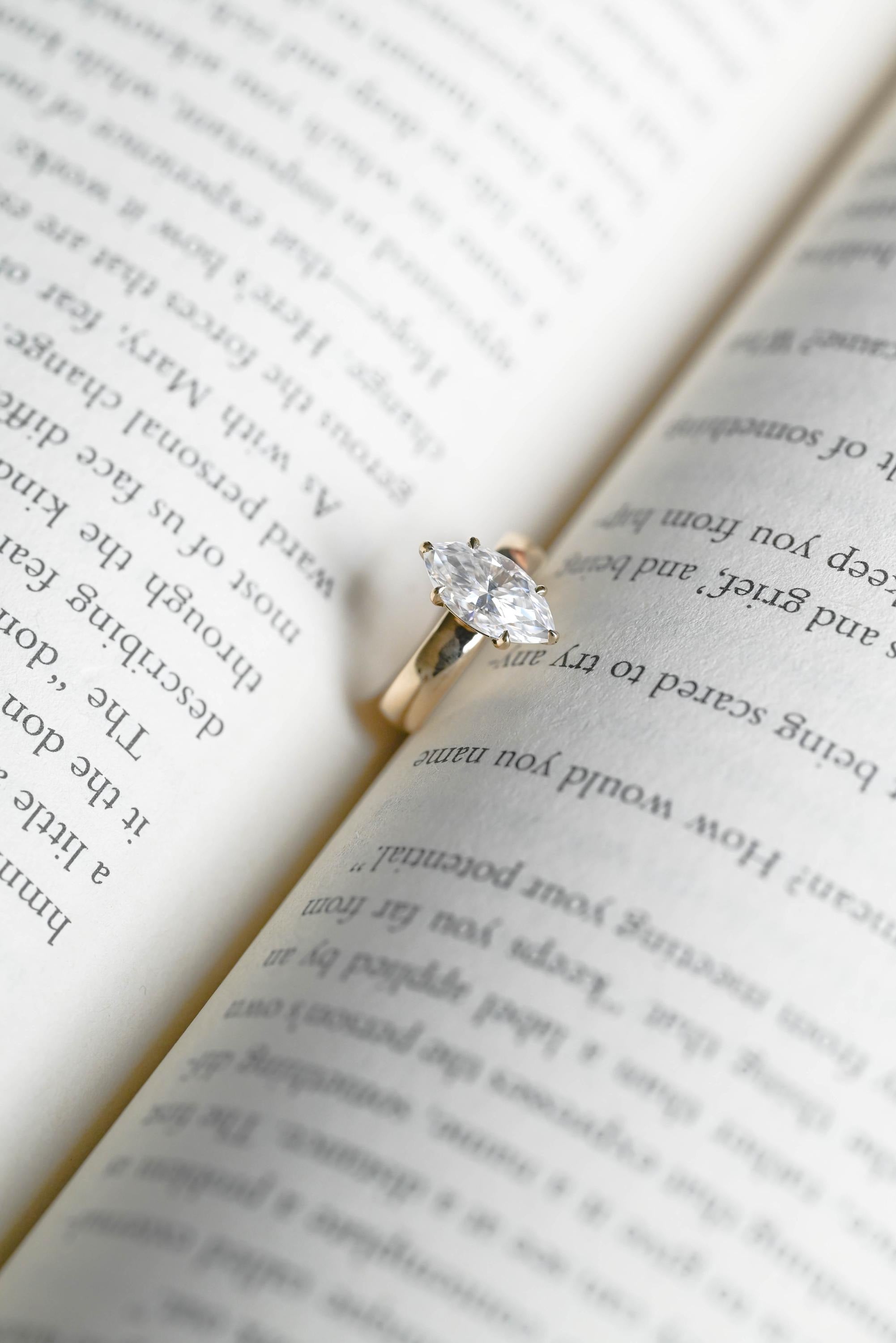 Solid Gold 4mm Band Marquise Moissanite Engagement Ring, Promise Ring