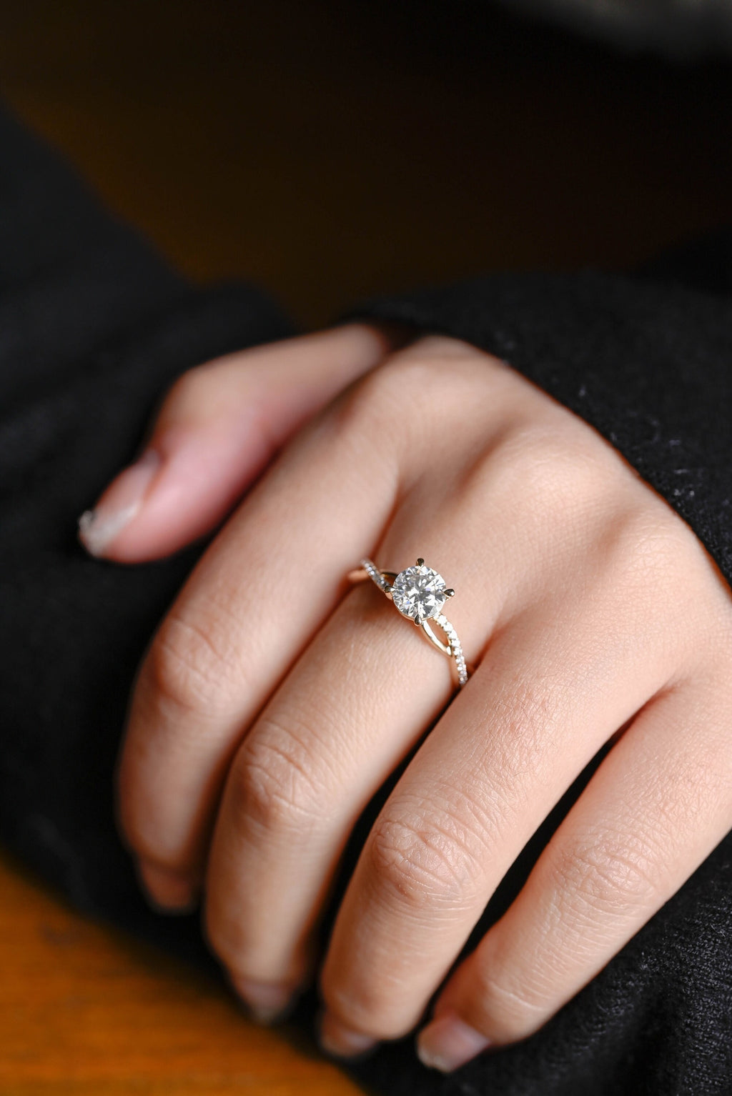 Solid Gold Round Cut Moissanite Engagement Ring, Twisted Band Ring