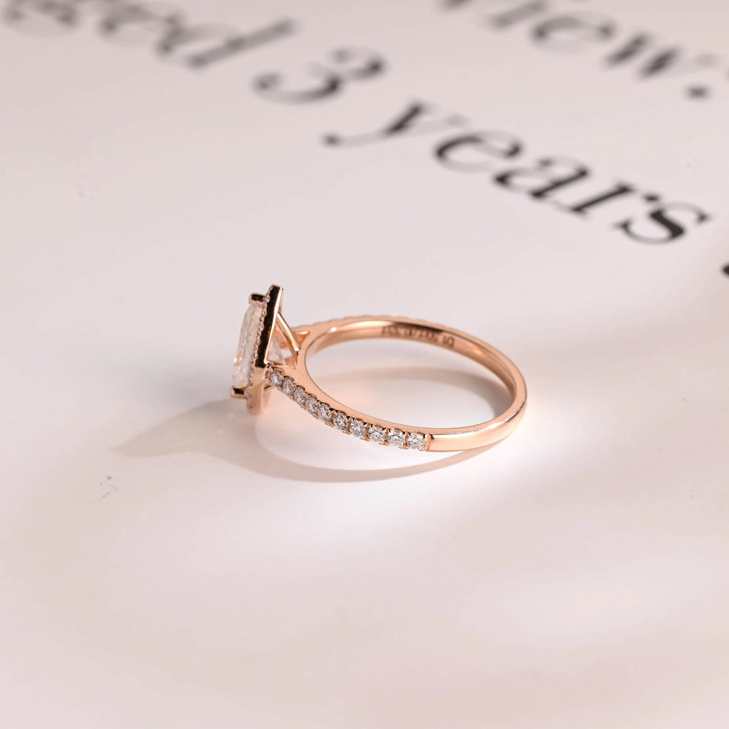 Solid Gold Pear Moissanite Engagement Ring, Halo & Half Eternity Promise, Proposal Ring