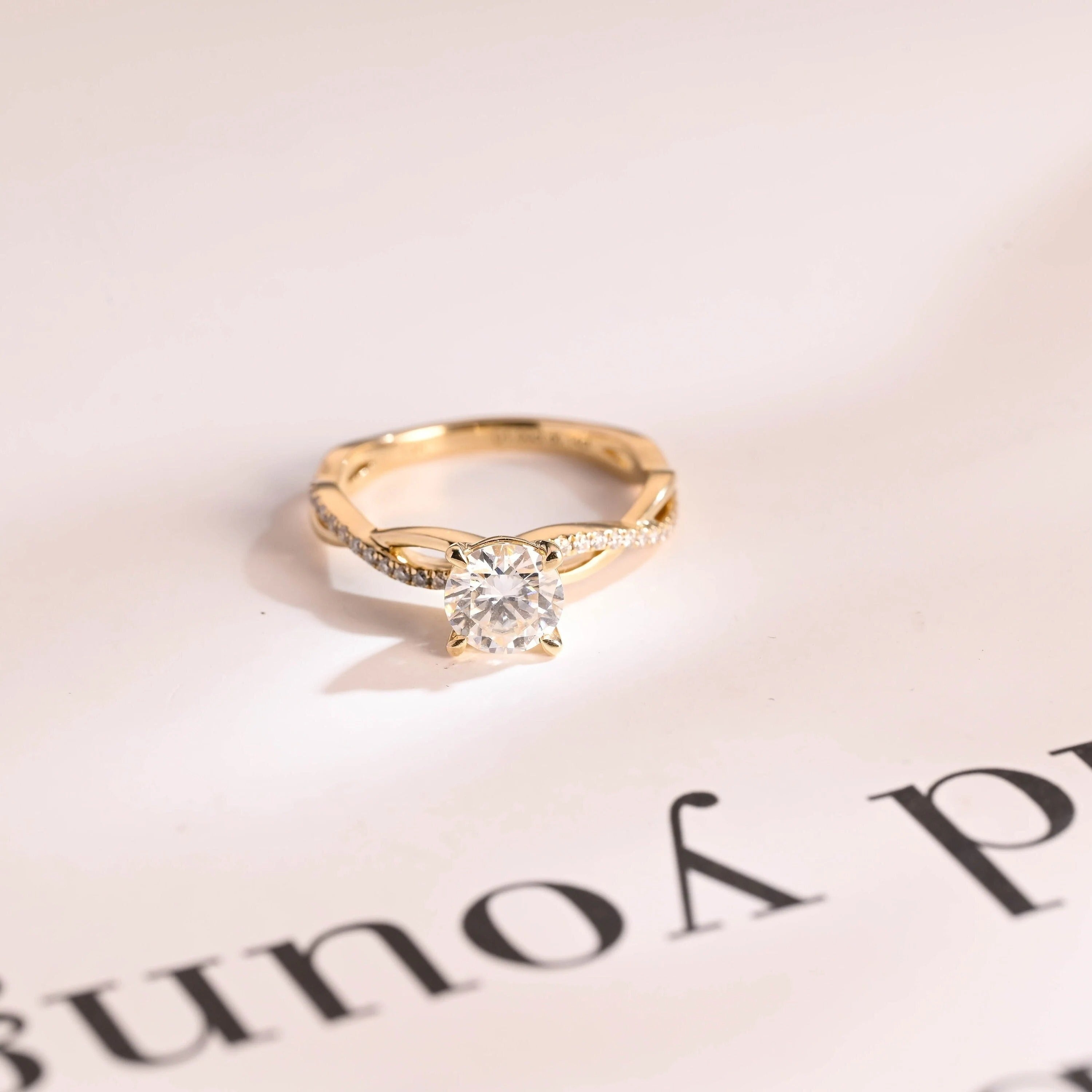 Solid Gold Round Cut Moissanite Engagement Ring, Twisted Band Ring Main image