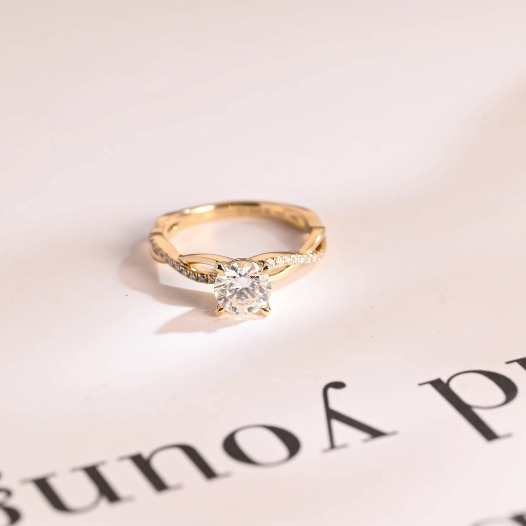 Solid Gold Round Cut Moissanite Engagement Ring, Twisted Band Ring