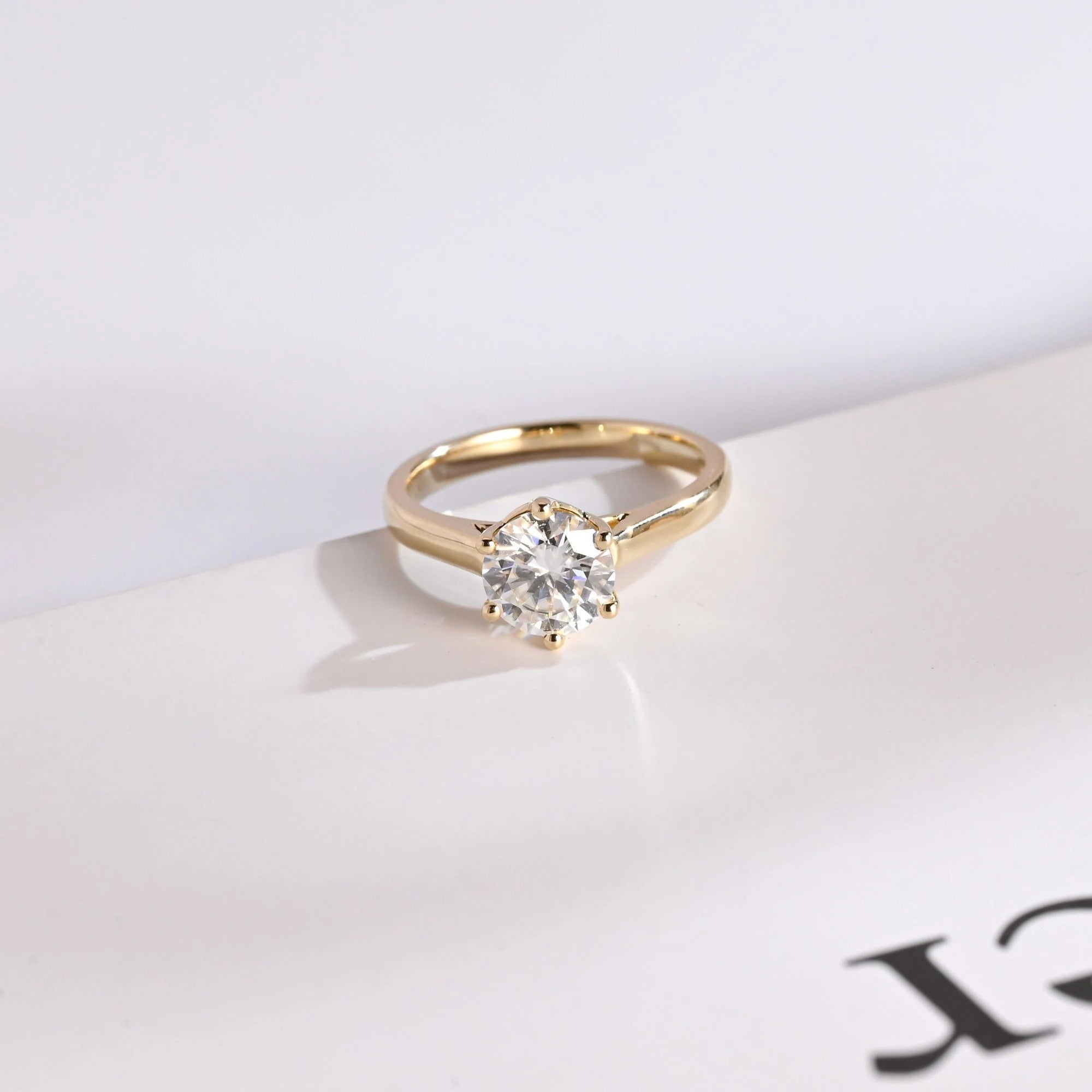 Solid Gold Round Cut Moissanite Engagement Ring, Tulip Setting Solitaire Ring Main image