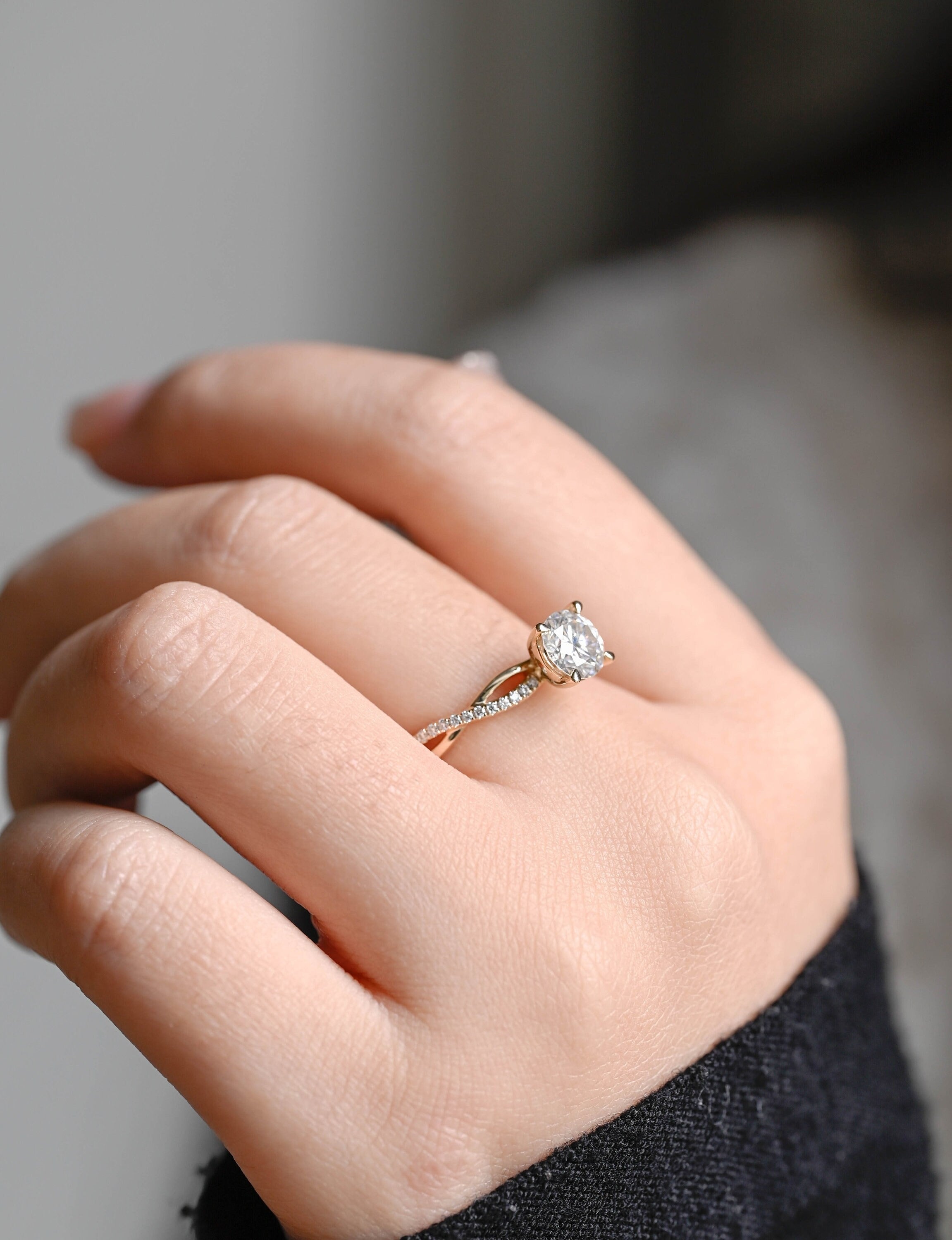 Solid Gold Round Cut Moissanite Engagement Ring, Twisted Band Ring