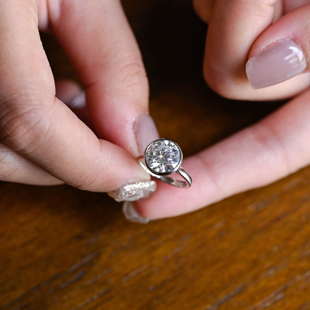Bezel Solid Gold Round Cut Moissanite Engagement Ring, Anniversary Gift for Her
