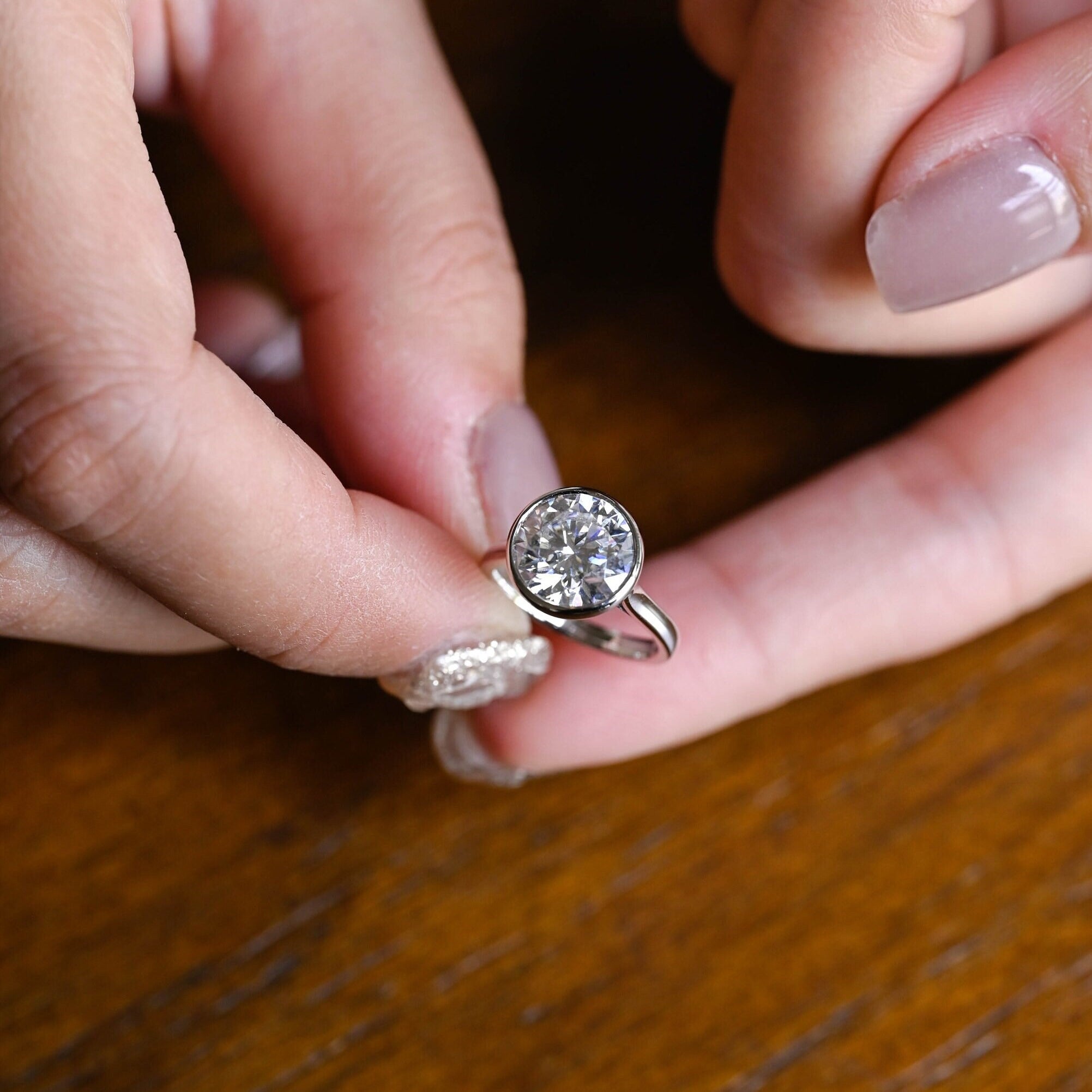 Bezel Solid Gold Round Cut Moissanite Engagement Ring, Anniversary Gift for Her